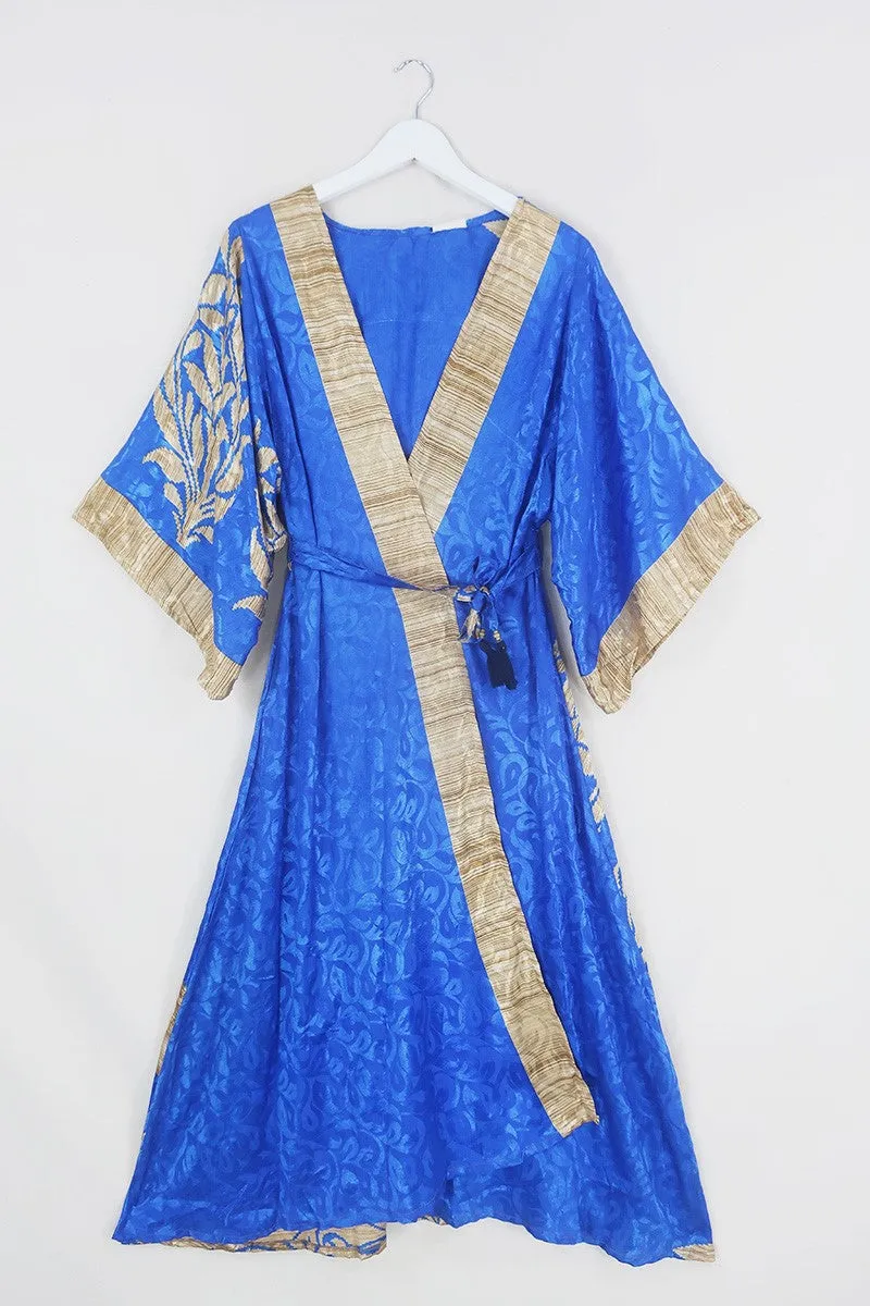 Aquaria Robe Dress - Sapphire Blue Vine Jacquard - Vintage Sari - Free Size S