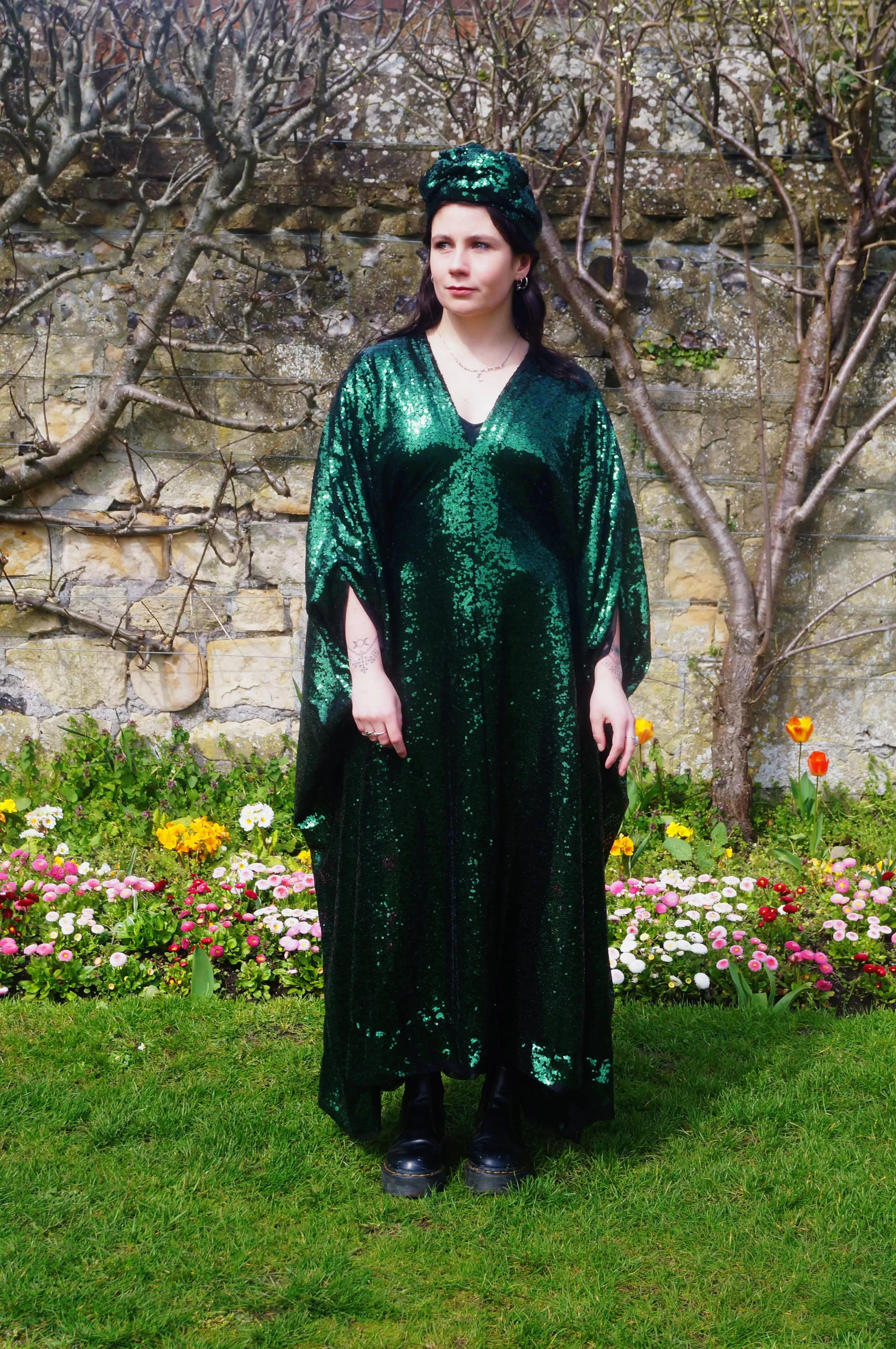 Bottle Green Sequin Kaftan Dress