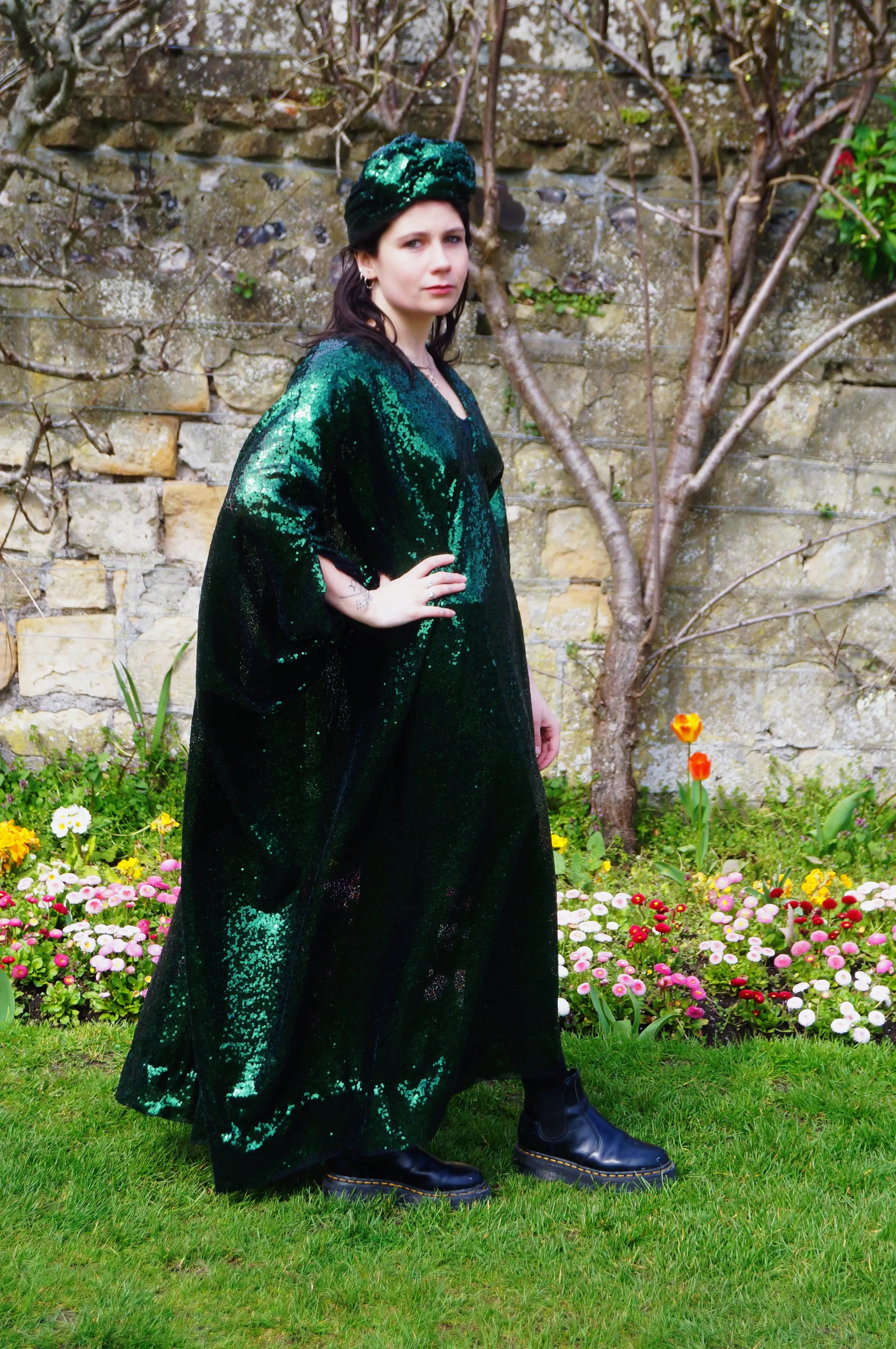 Bottle Green Sequin Kaftan Dress