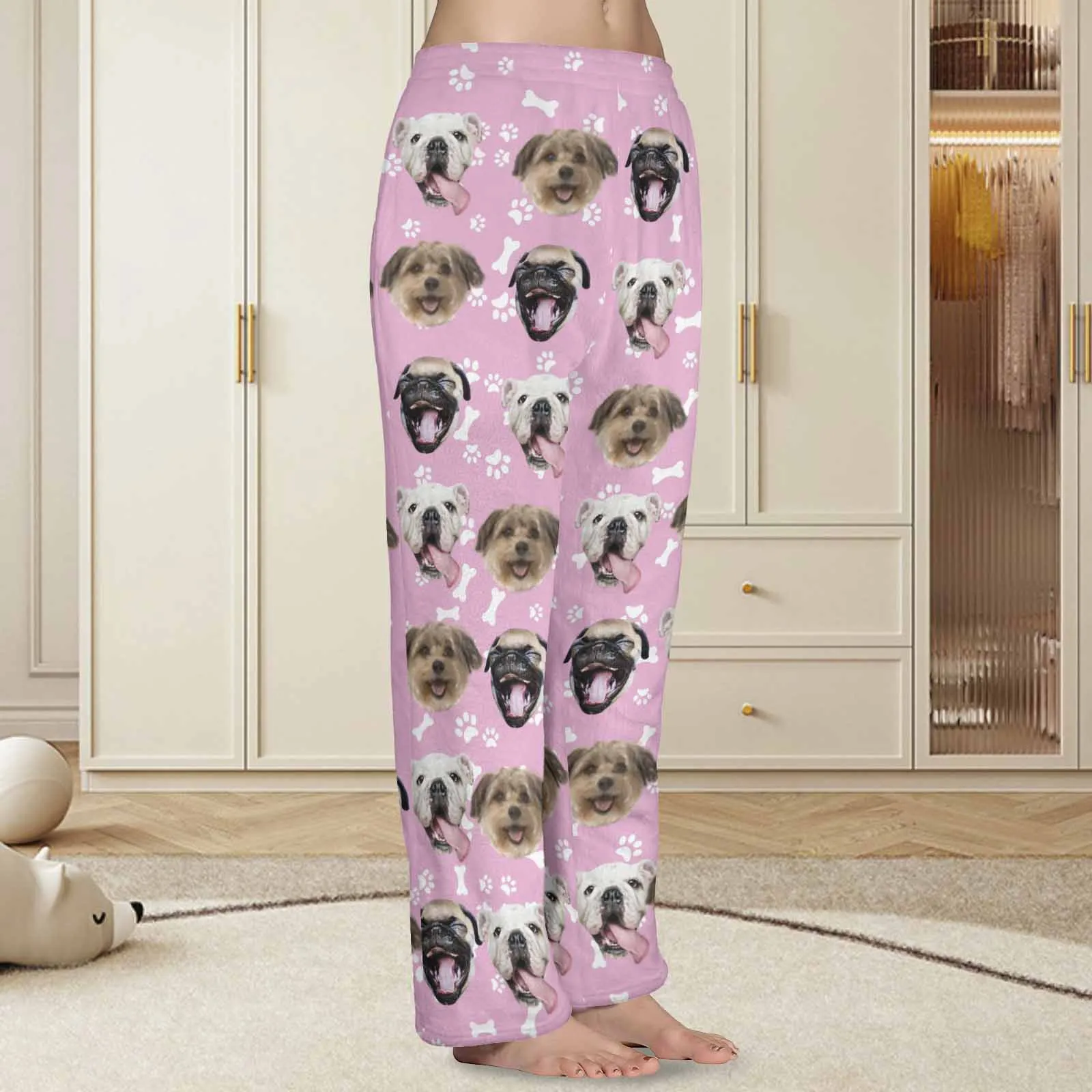 Coral Fleece Pajama Trousers-Custom Pet Face Bone Foot Print Warm and Comfortable Sleepwear Long Pajama Pants For Men Women