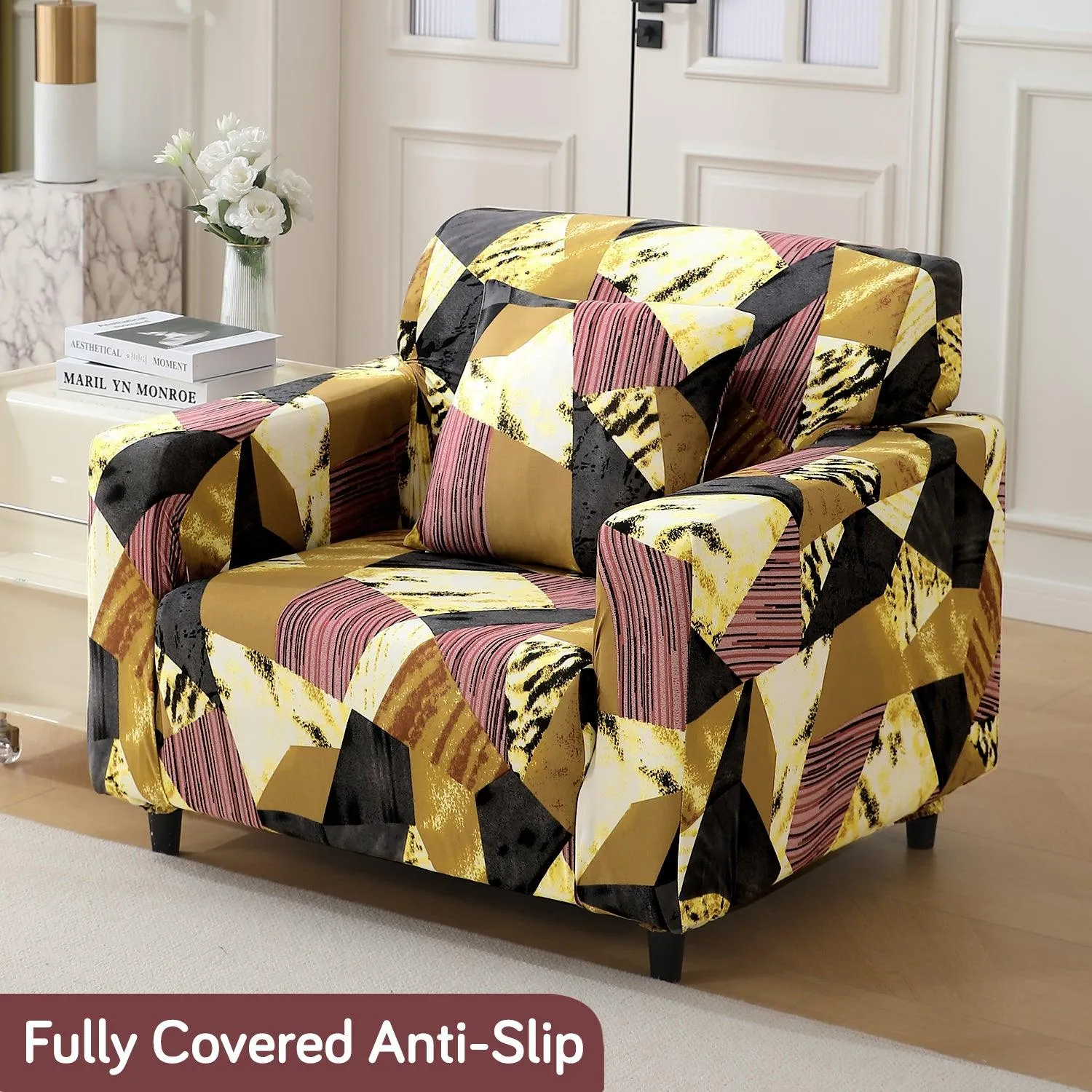 Elastic Stretchable Printed 140gsm Fully Covered Sofa Cover, Wine Abstract Geometry