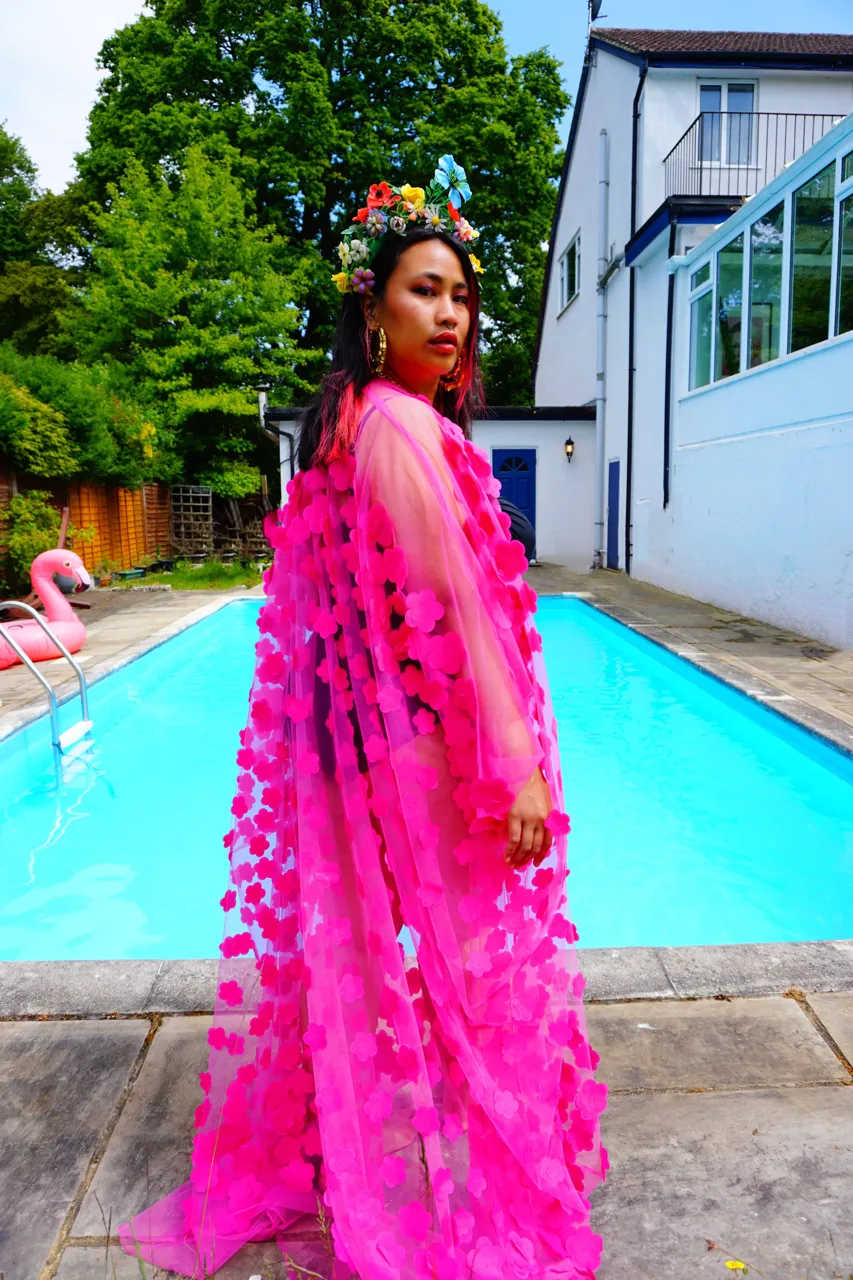 Hot pink 3D flower mesh Kaftan Gown / Kimono Robe