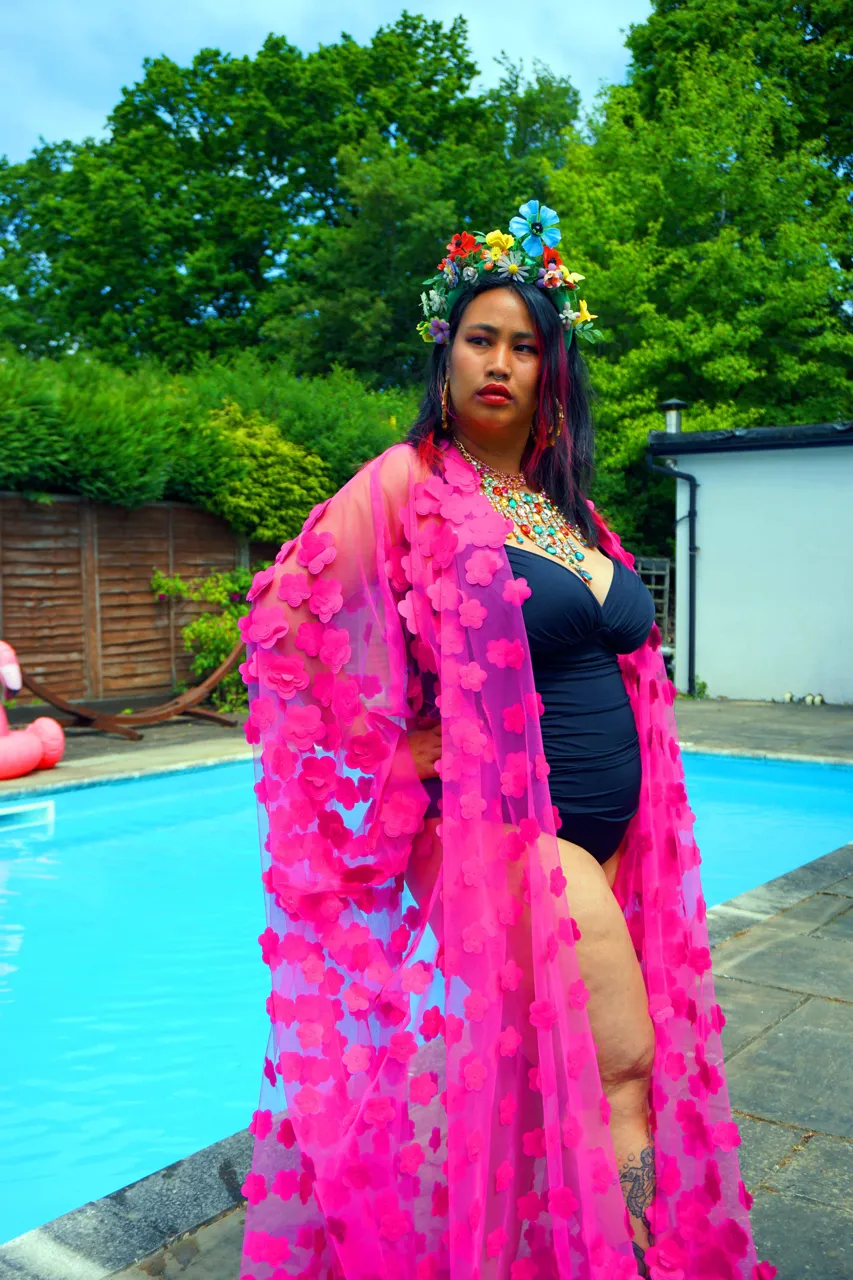 Hot pink 3D flower mesh Kaftan Gown / Kimono Robe