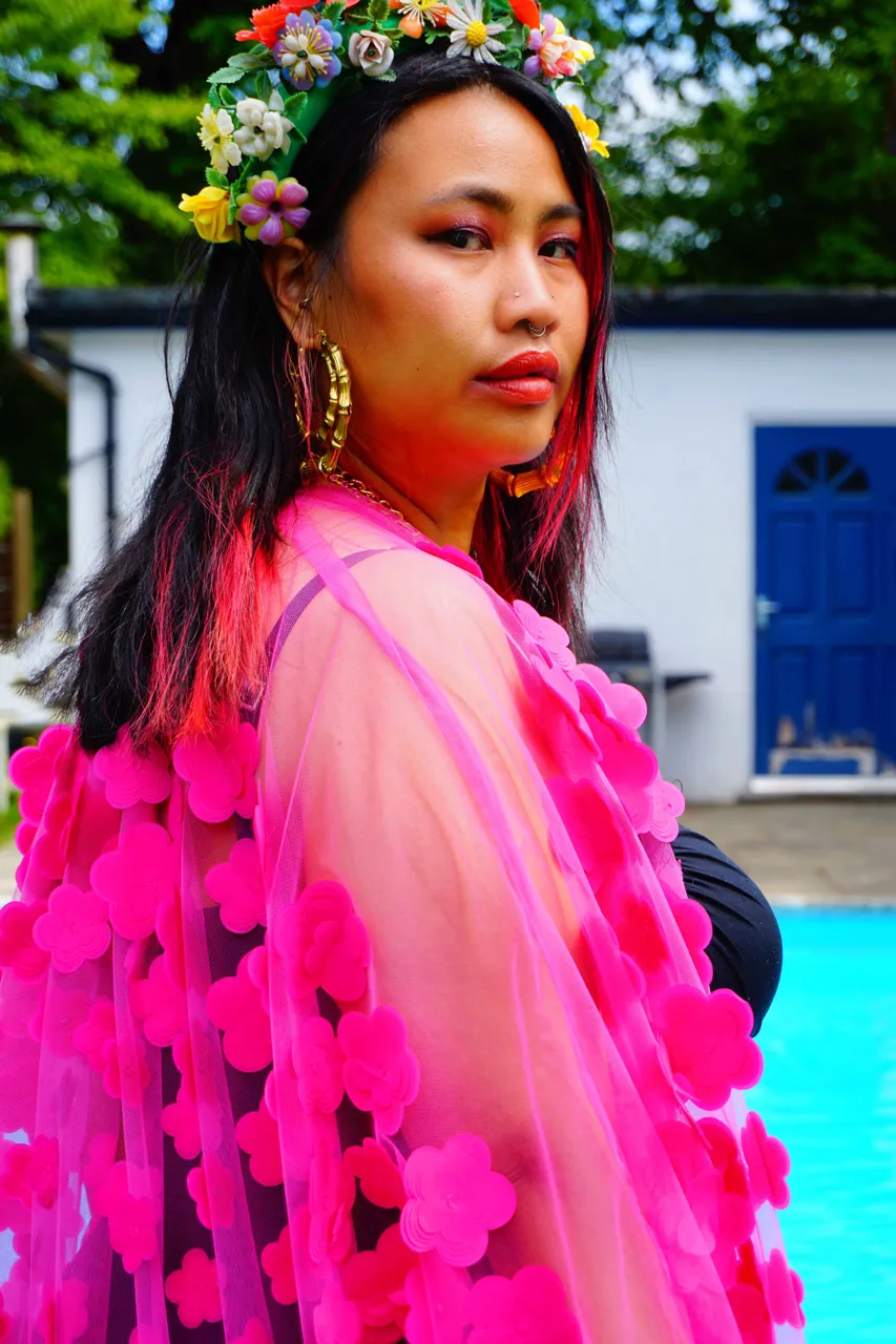 Hot pink 3D flower mesh Kaftan Gown / Kimono Robe