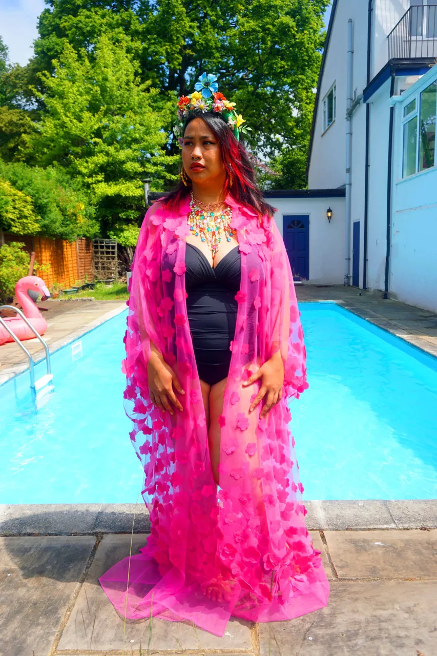Hot pink 3D flower mesh Kaftan Gown / Kimono Robe