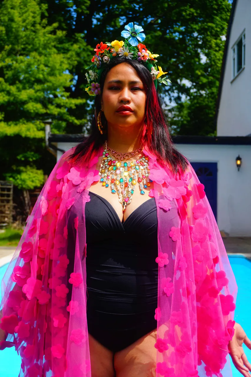 Hot pink 3D flower mesh Kaftan Gown / Kimono Robe