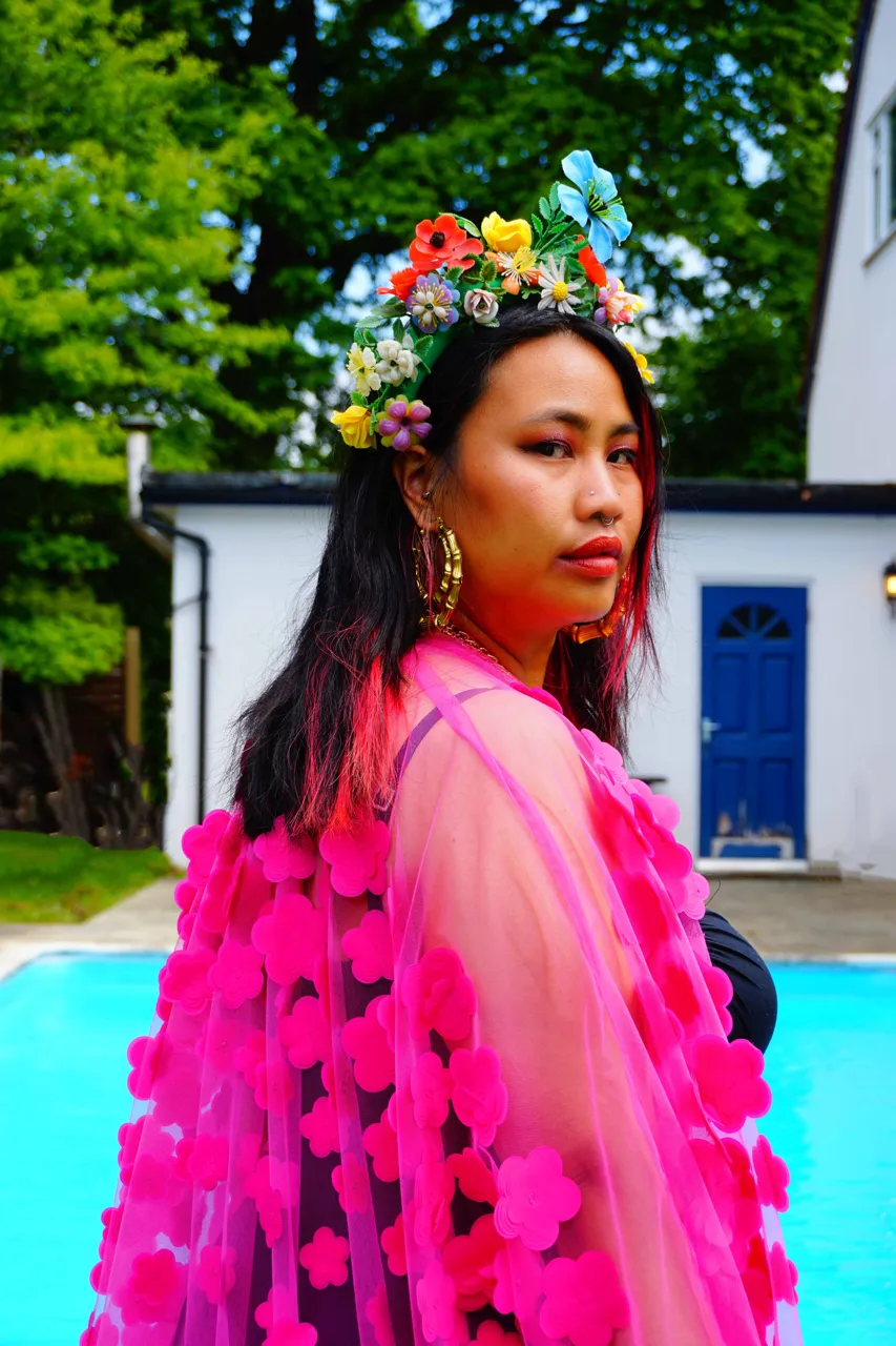 Hot pink 3D flower mesh Kaftan Gown / Kimono Robe
