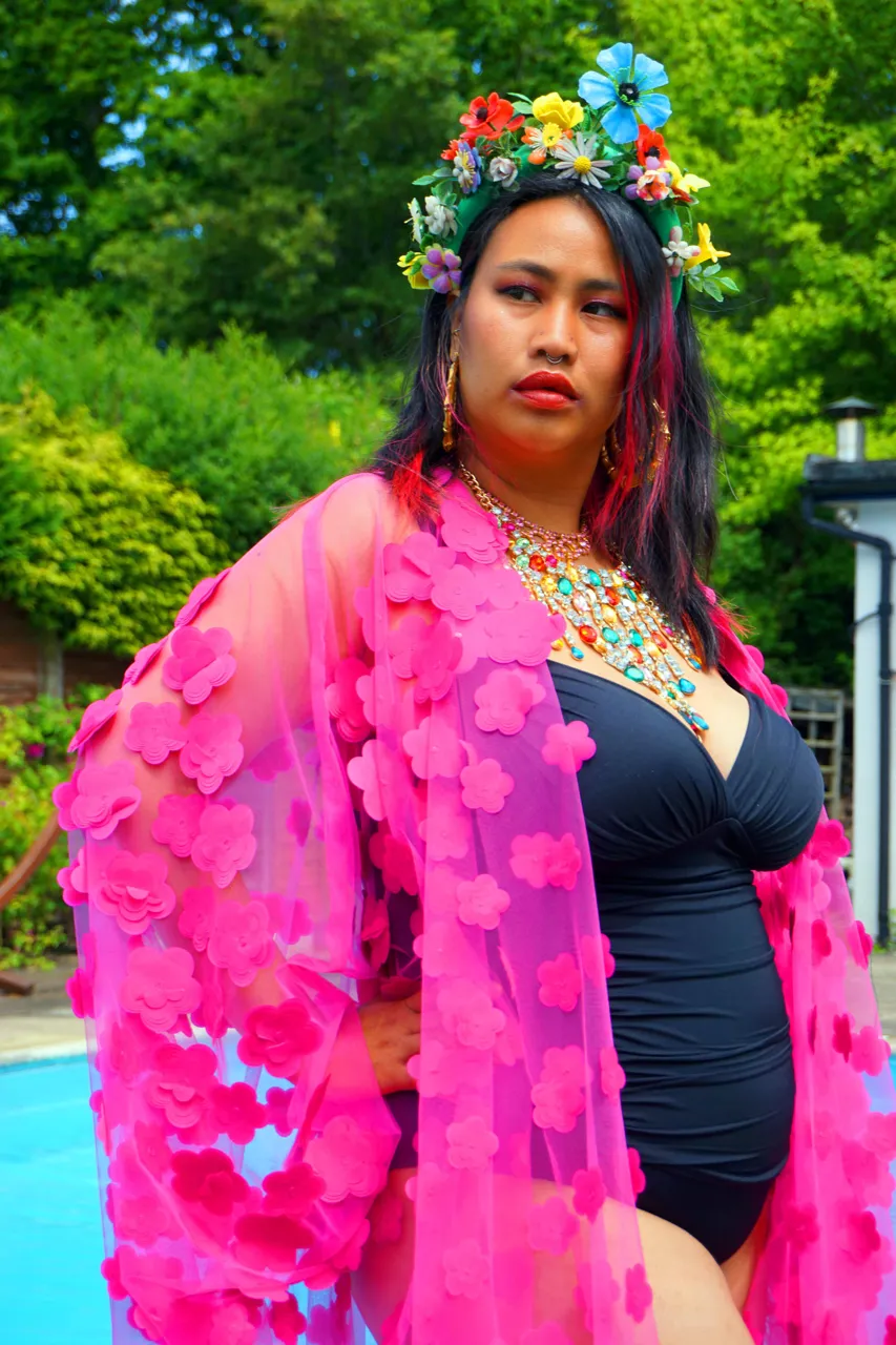 Hot pink 3D flower mesh Kaftan Gown / Kimono Robe
