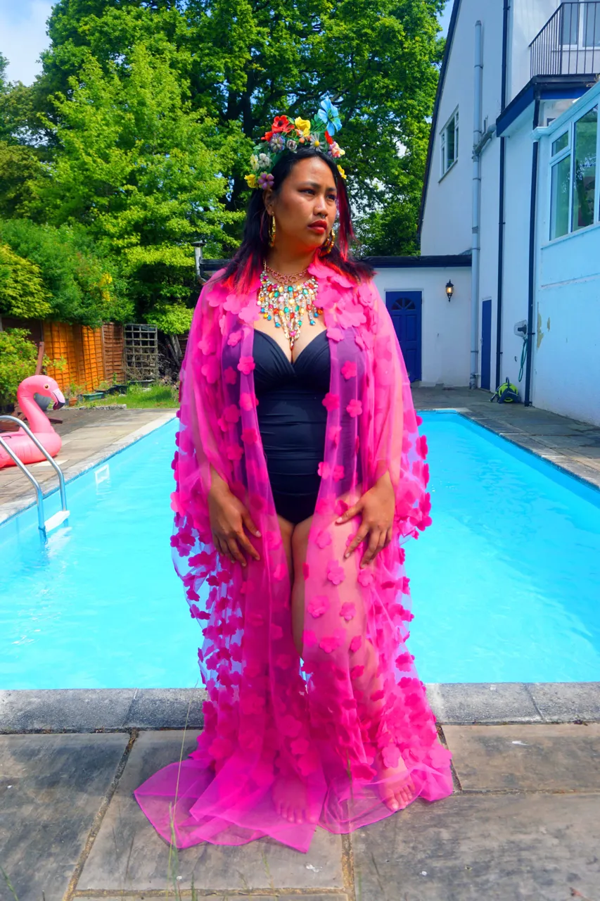 Hot pink 3D flower mesh Kaftan Gown / Kimono Robe