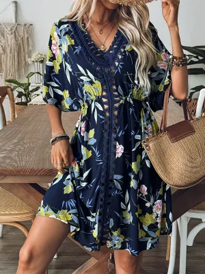 Kimono Sleeve Beach Cover-Up Dress with Floral Print