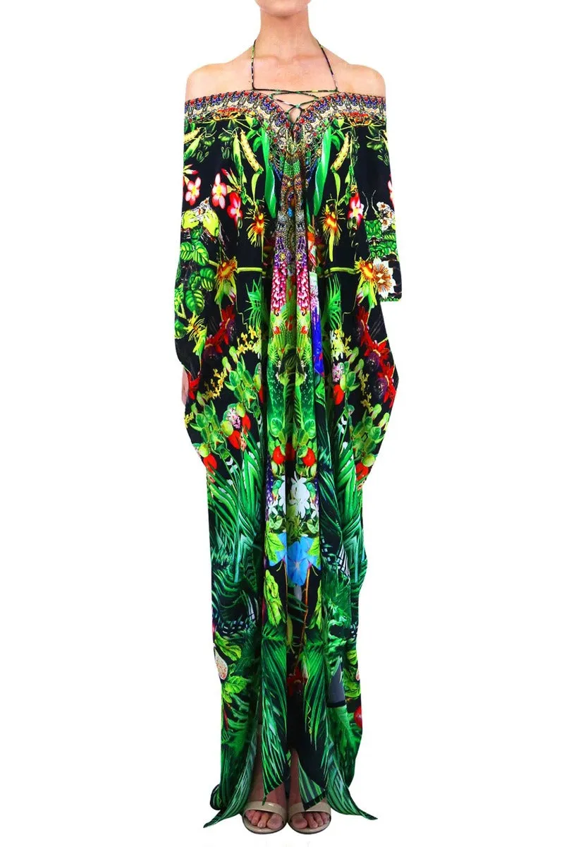 Laced Convertible Long Kaftan Dress In Caviar Black