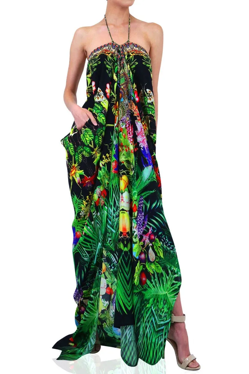 Laced Convertible Long Kaftan Dress In Caviar Black