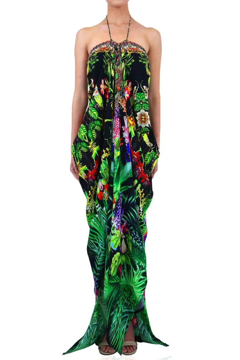 Laced Convertible Long Kaftan Dress In Caviar Black
