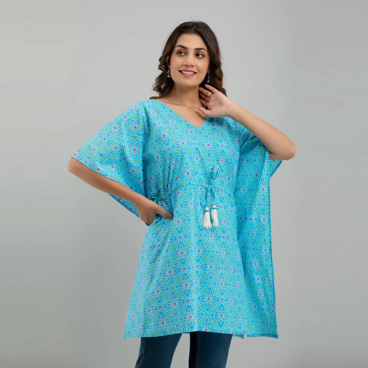 Light Blue Bandhani Print Cotton Kaftan Dress (SHKUP1233)