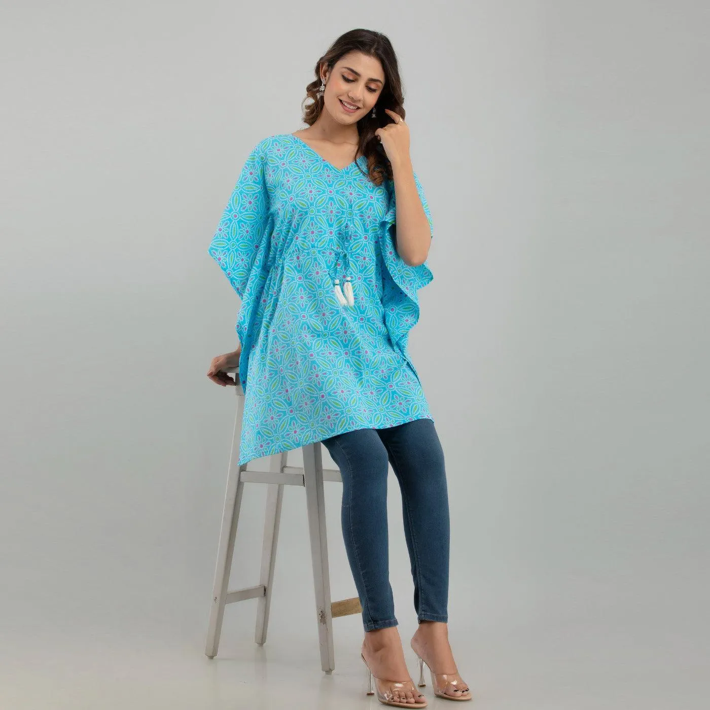 Light Blue Bandhani Print Cotton Kaftan Dress (SHKUP1233)
