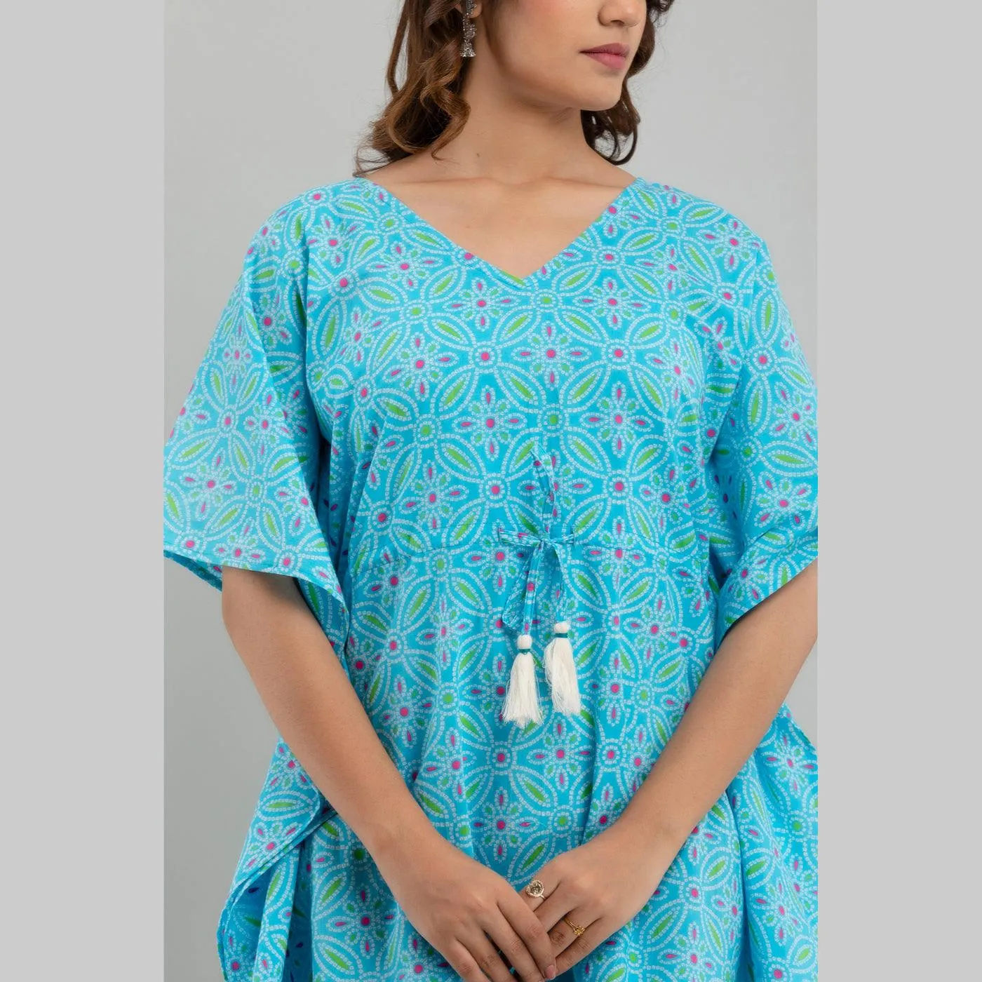 Light Blue Bandhani Print Cotton Kaftan Dress (SHKUP1233)