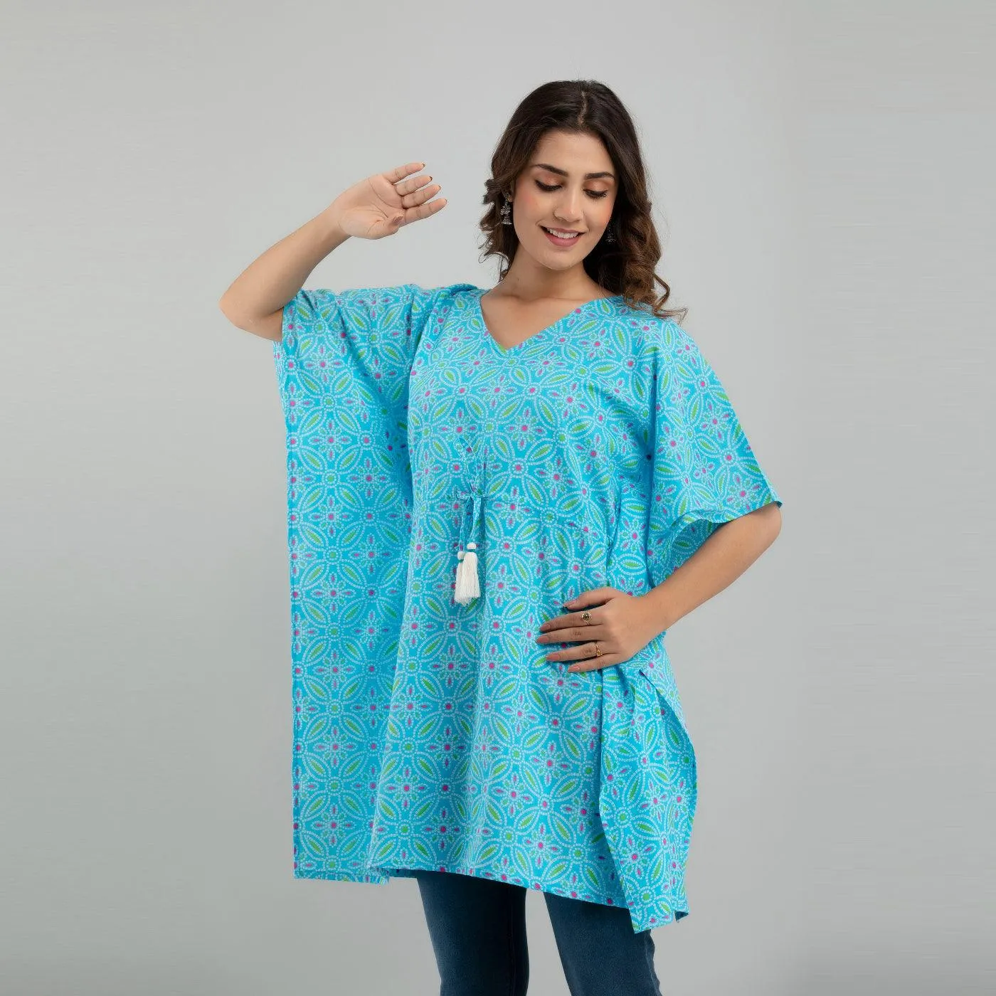 Light Blue Bandhani Print Cotton Kaftan Dress (SHKUP1233)
