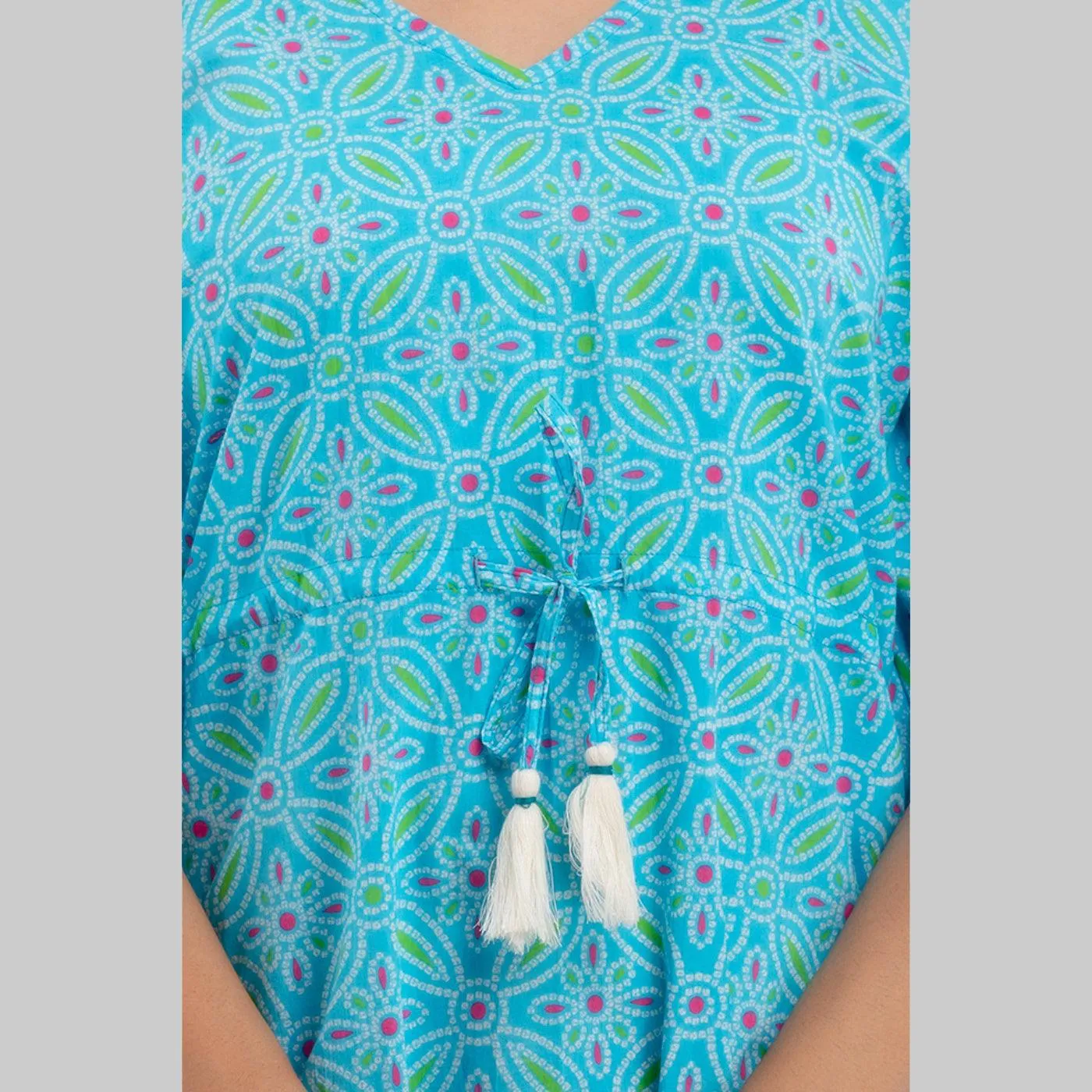 Light Blue Bandhani Print Cotton Kaftan Dress (SHKUP1233)