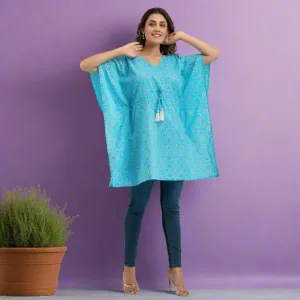 Light Blue Bandhani Print Cotton Kaftan Dress (SHKUP1233)