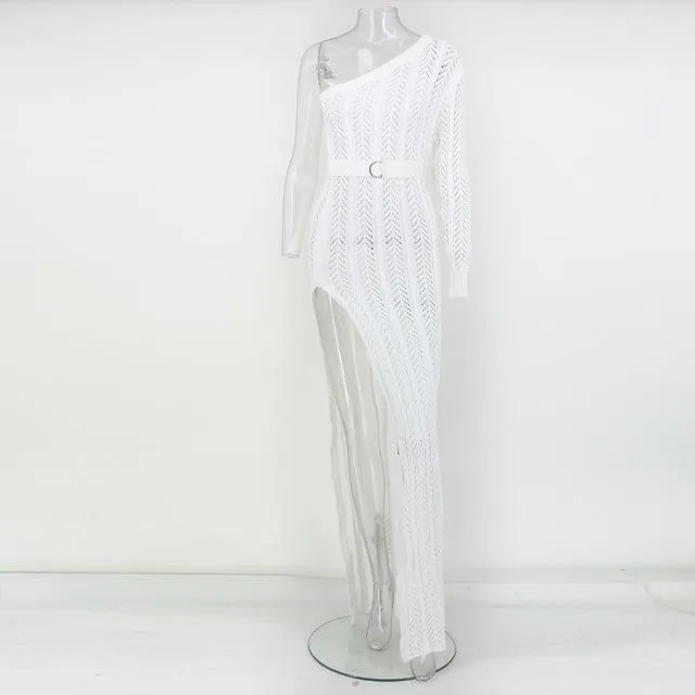 New Knitting Long Dress Women One Shoulder Party Dress