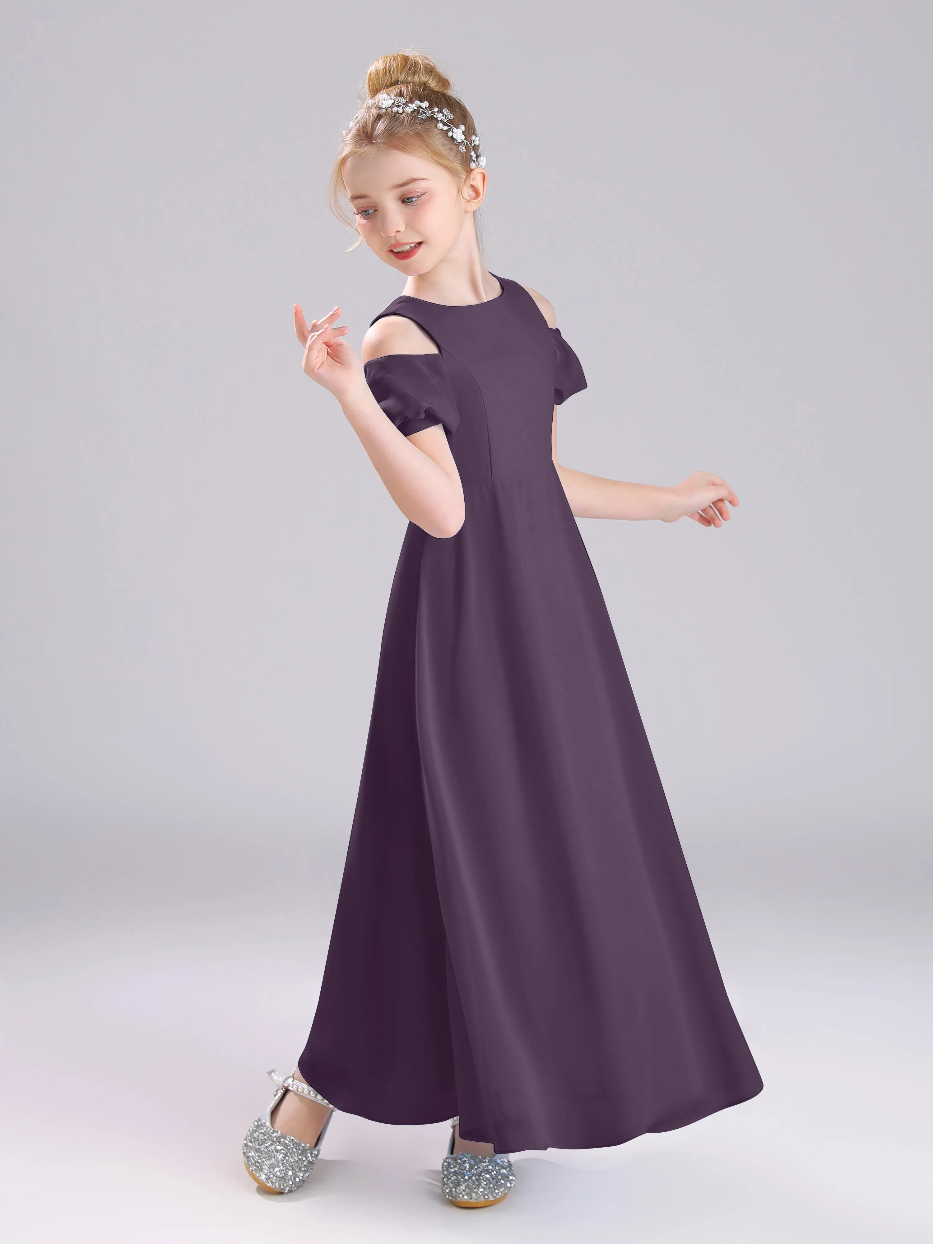 Off The Shoulder Jewel A-Line Long Chiffon Junior Bridesmaid Dresses