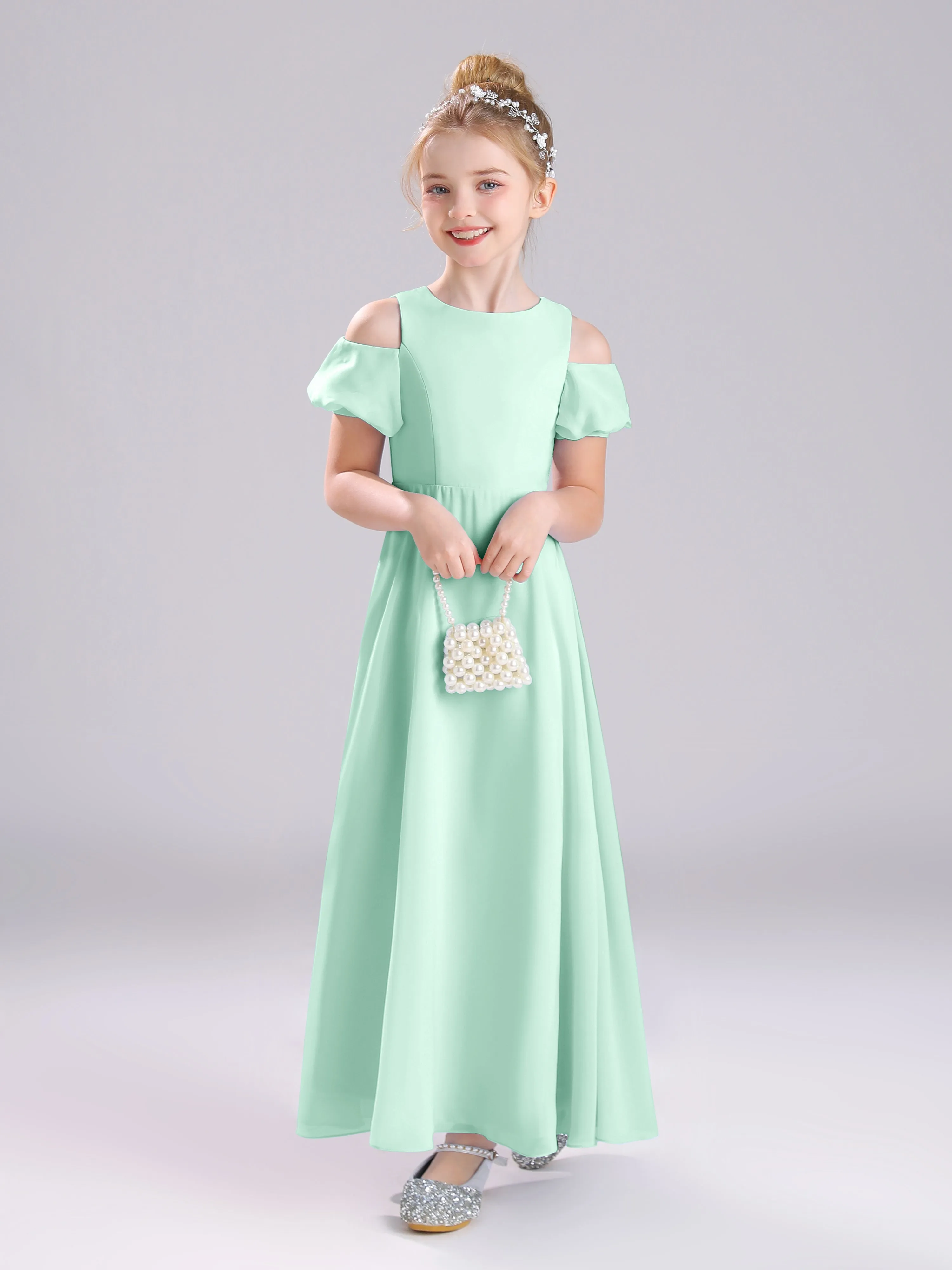 Off The Shoulder Jewel A-Line Long Chiffon Junior Bridesmaid Dresses