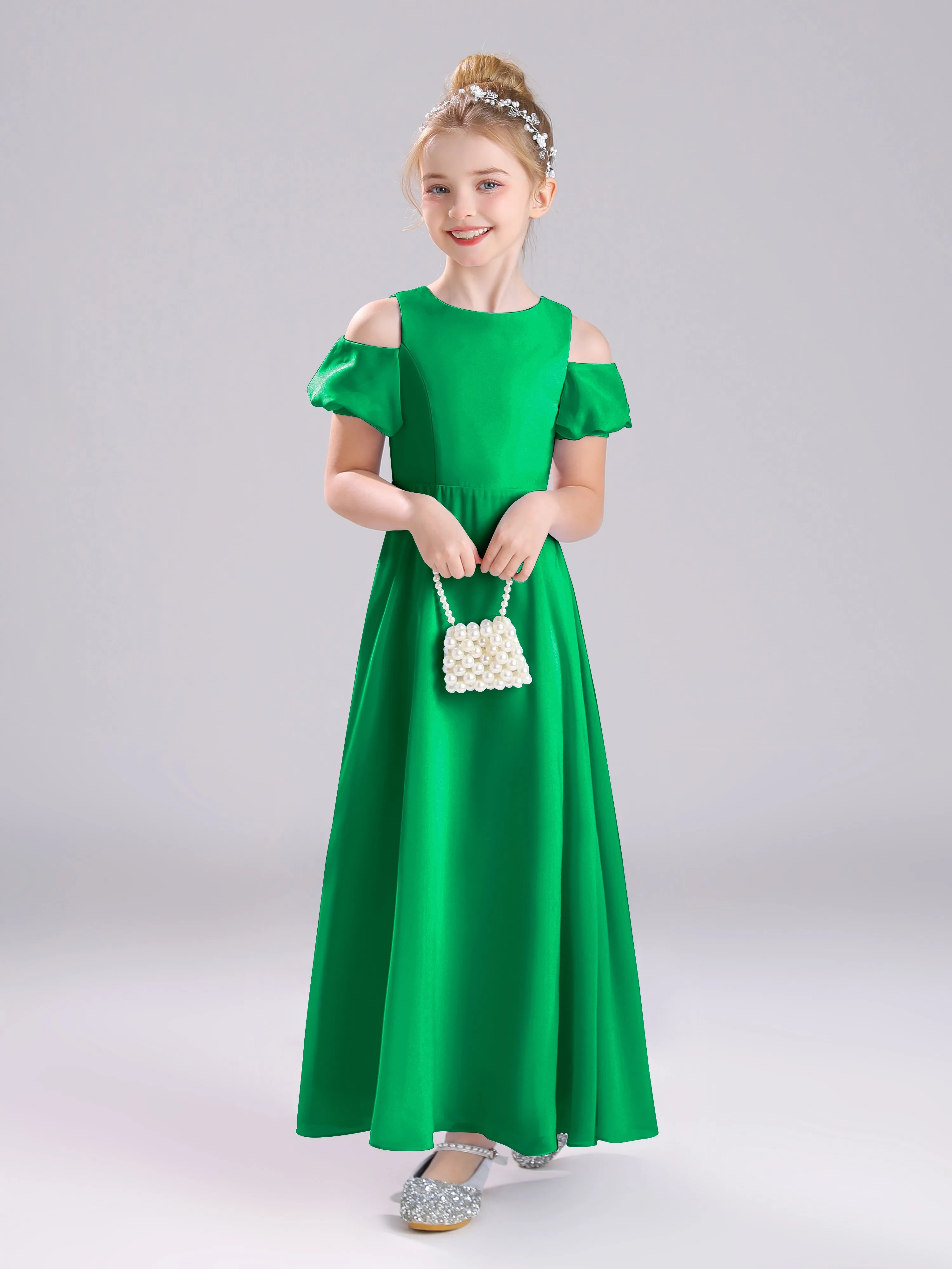 Off The Shoulder Jewel A-Line Long Chiffon Junior Bridesmaid Dresses
