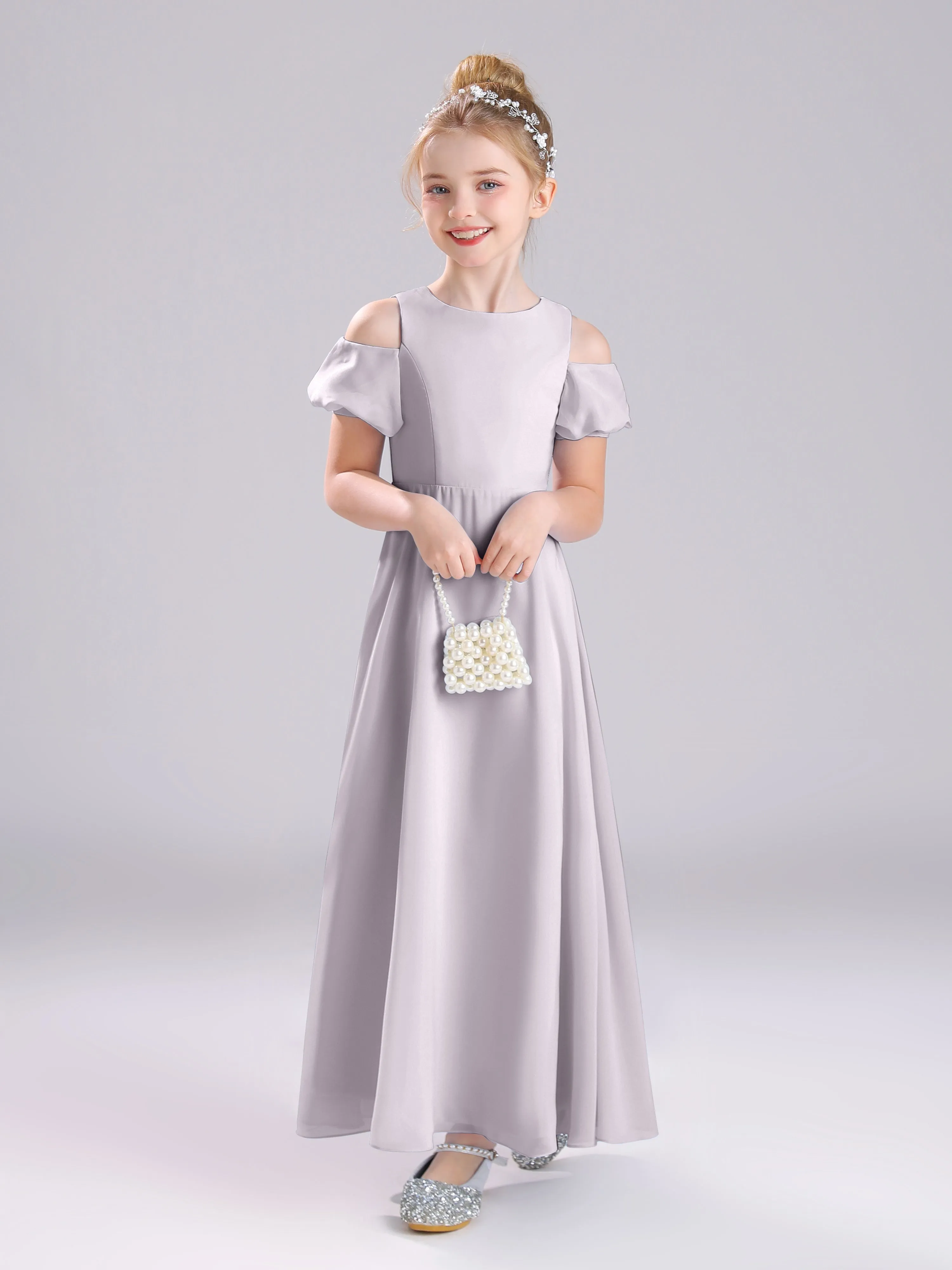 Off The Shoulder Jewel A-Line Long Chiffon Junior Bridesmaid Dresses