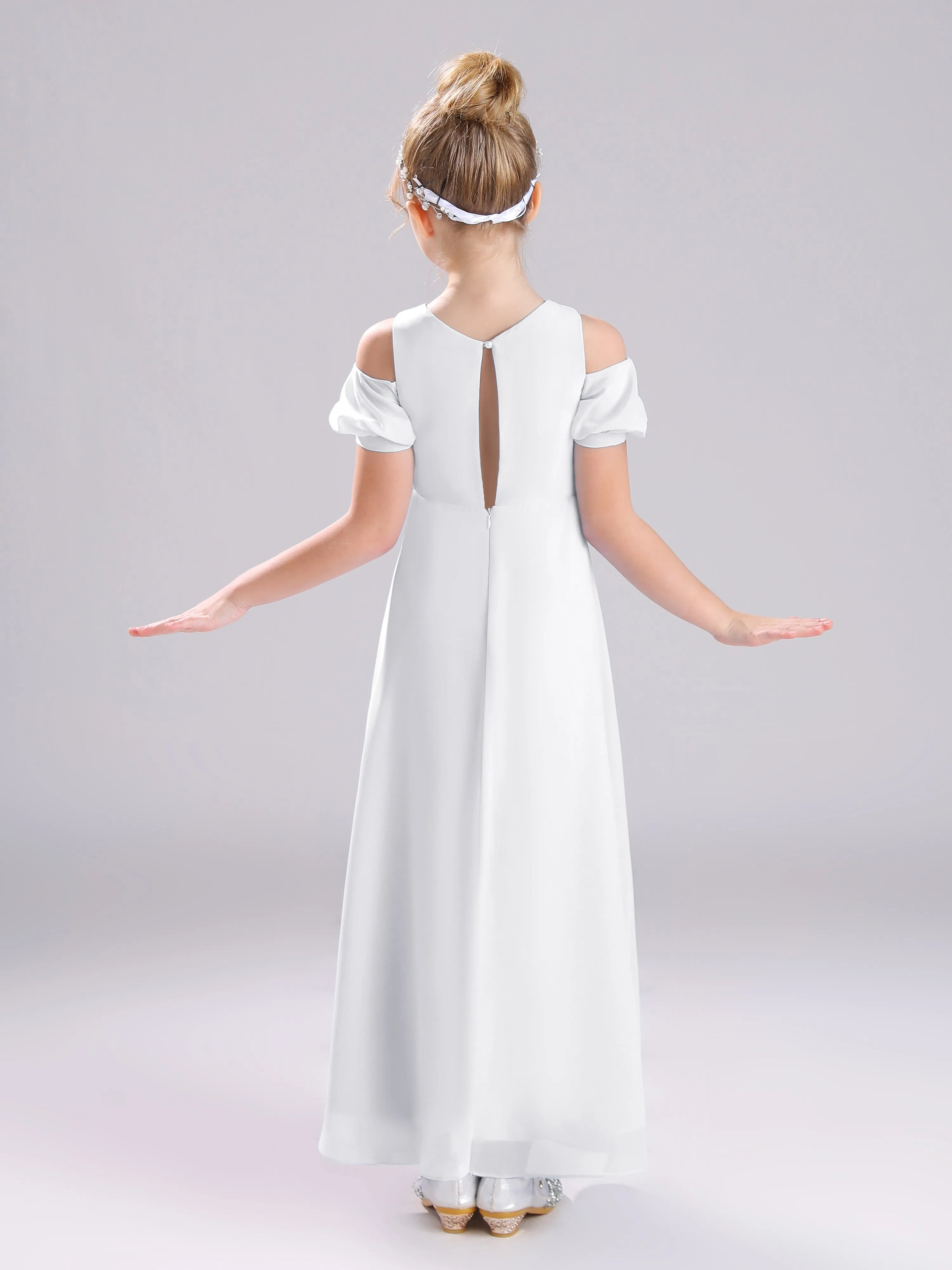 Off The Shoulder Jewel A-Line Long Chiffon Junior Bridesmaid Dresses