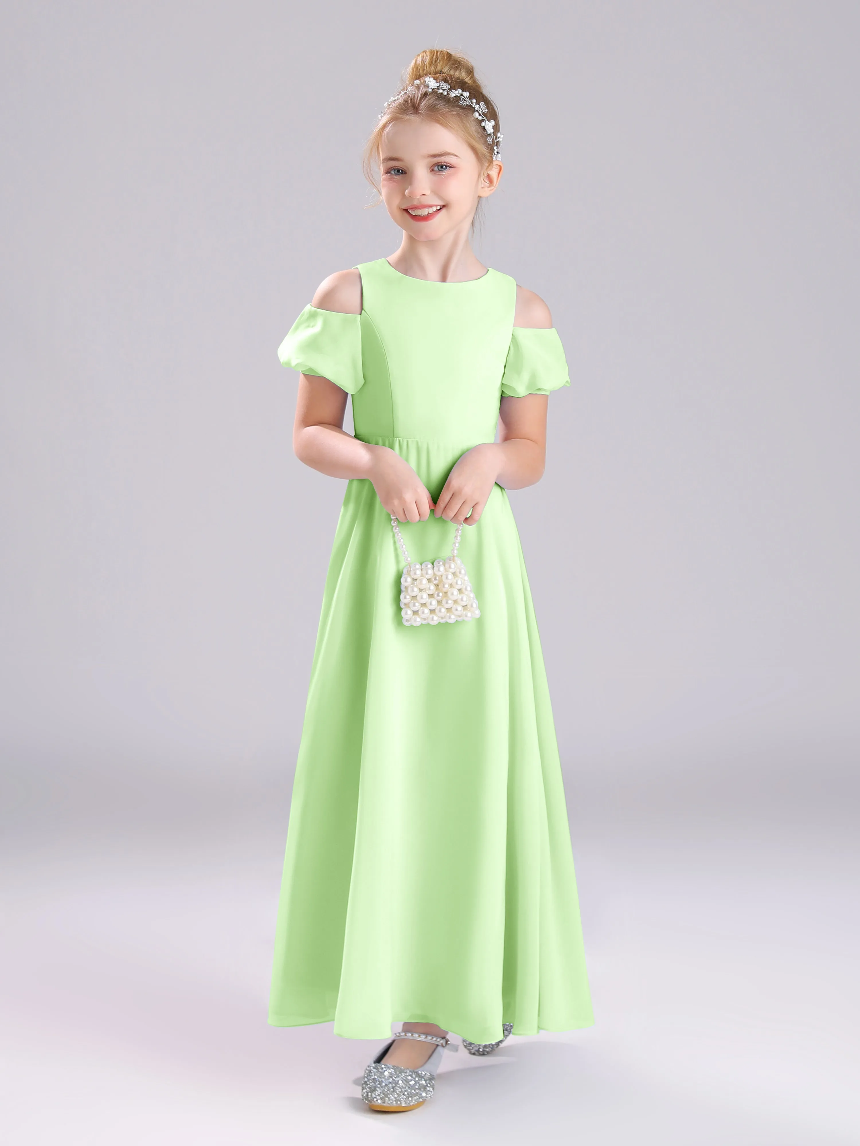 Off The Shoulder Jewel A-Line Long Chiffon Junior Bridesmaid Dresses