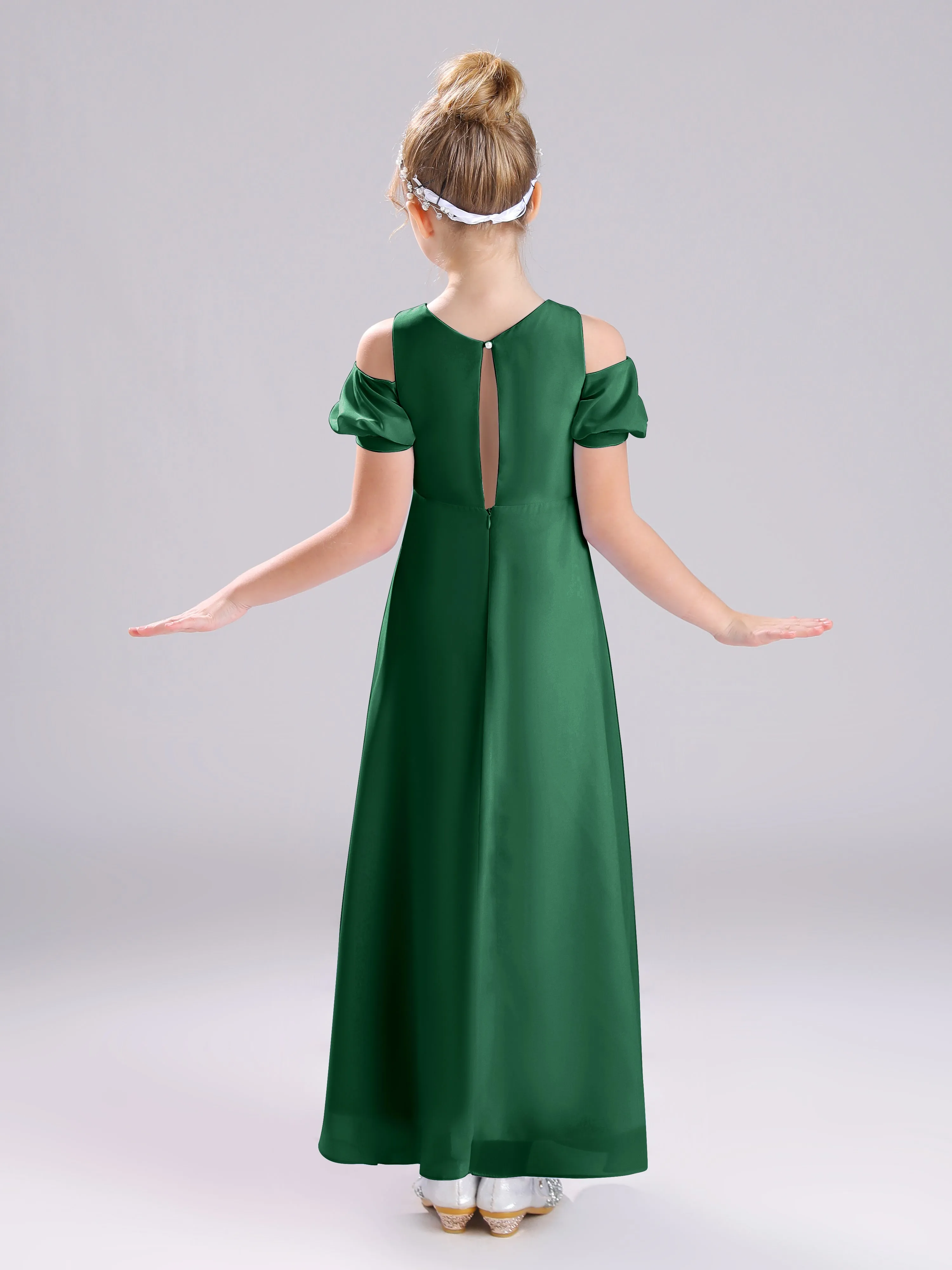 Off The Shoulder Jewel A-Line Long Chiffon Junior Bridesmaid Dresses