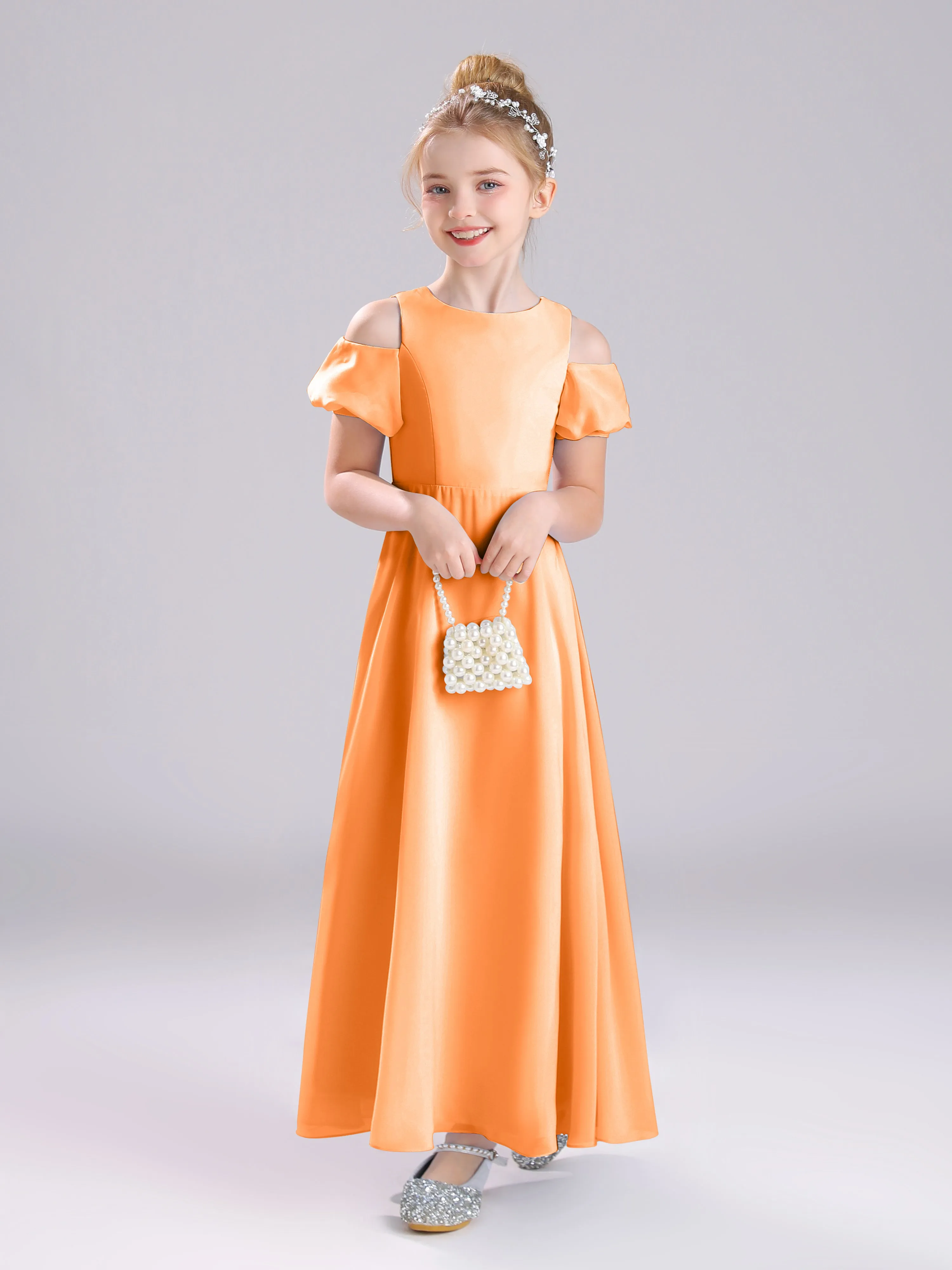 Off The Shoulder Jewel A-Line Long Chiffon Junior Bridesmaid Dresses