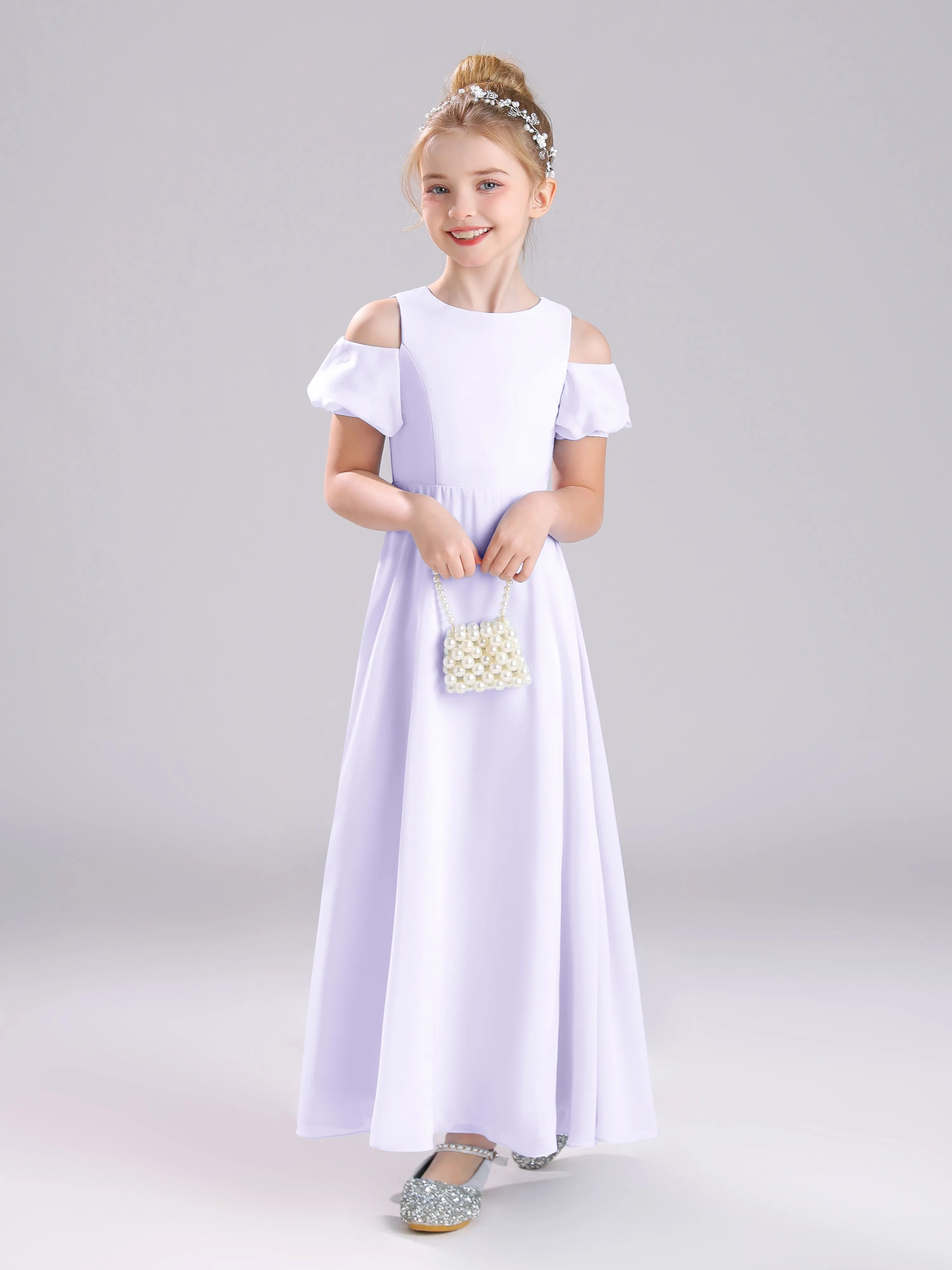 Off The Shoulder Jewel A-Line Long Chiffon Junior Bridesmaid Dresses
