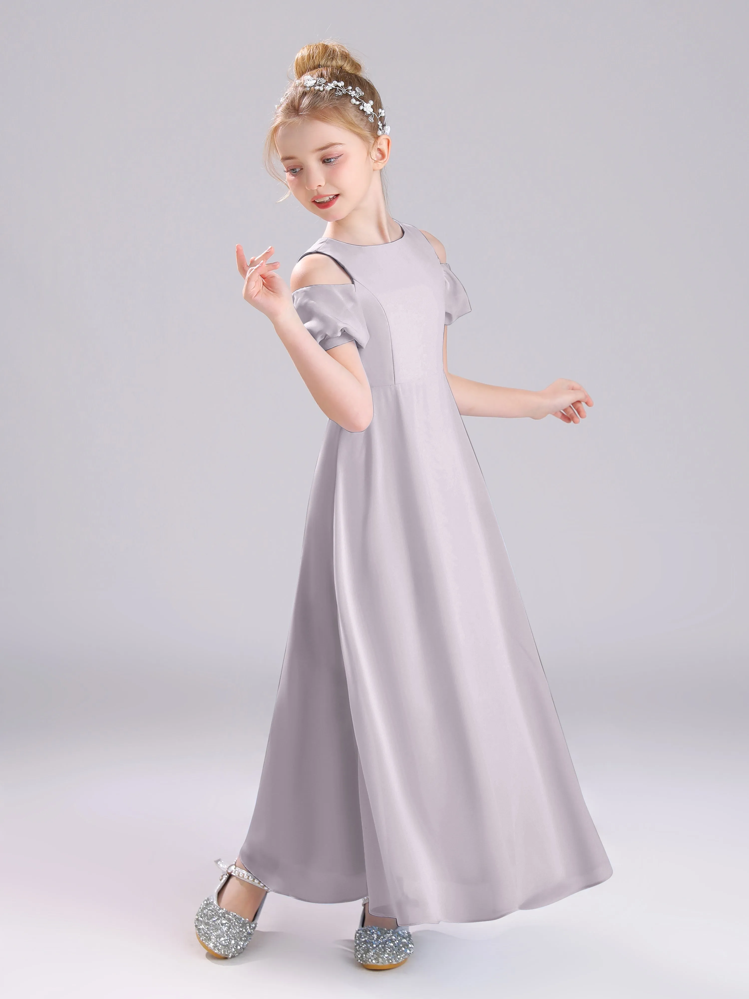 Off The Shoulder Jewel A-Line Long Chiffon Junior Bridesmaid Dresses