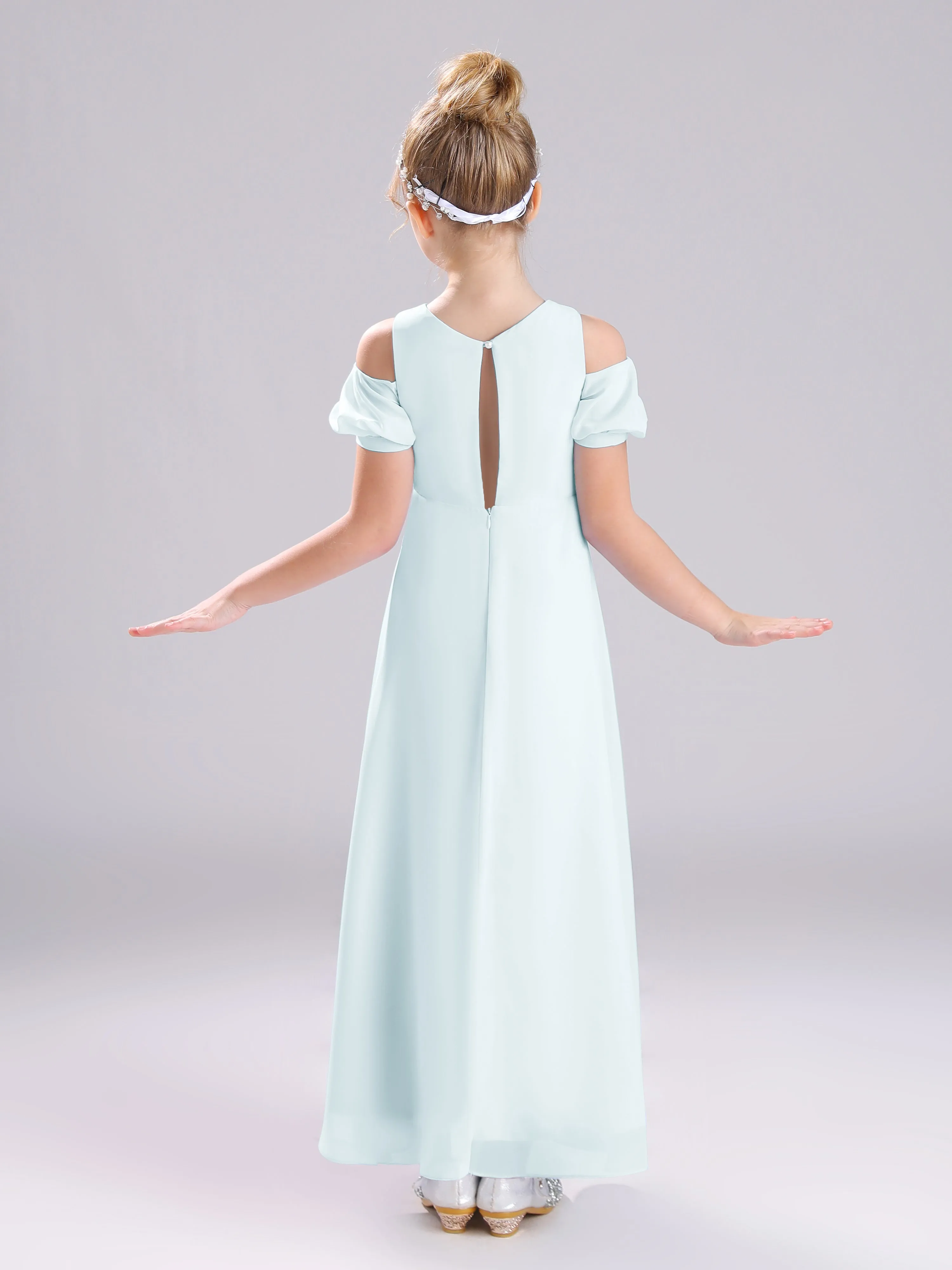 Off The Shoulder Jewel A-Line Long Chiffon Junior Bridesmaid Dresses