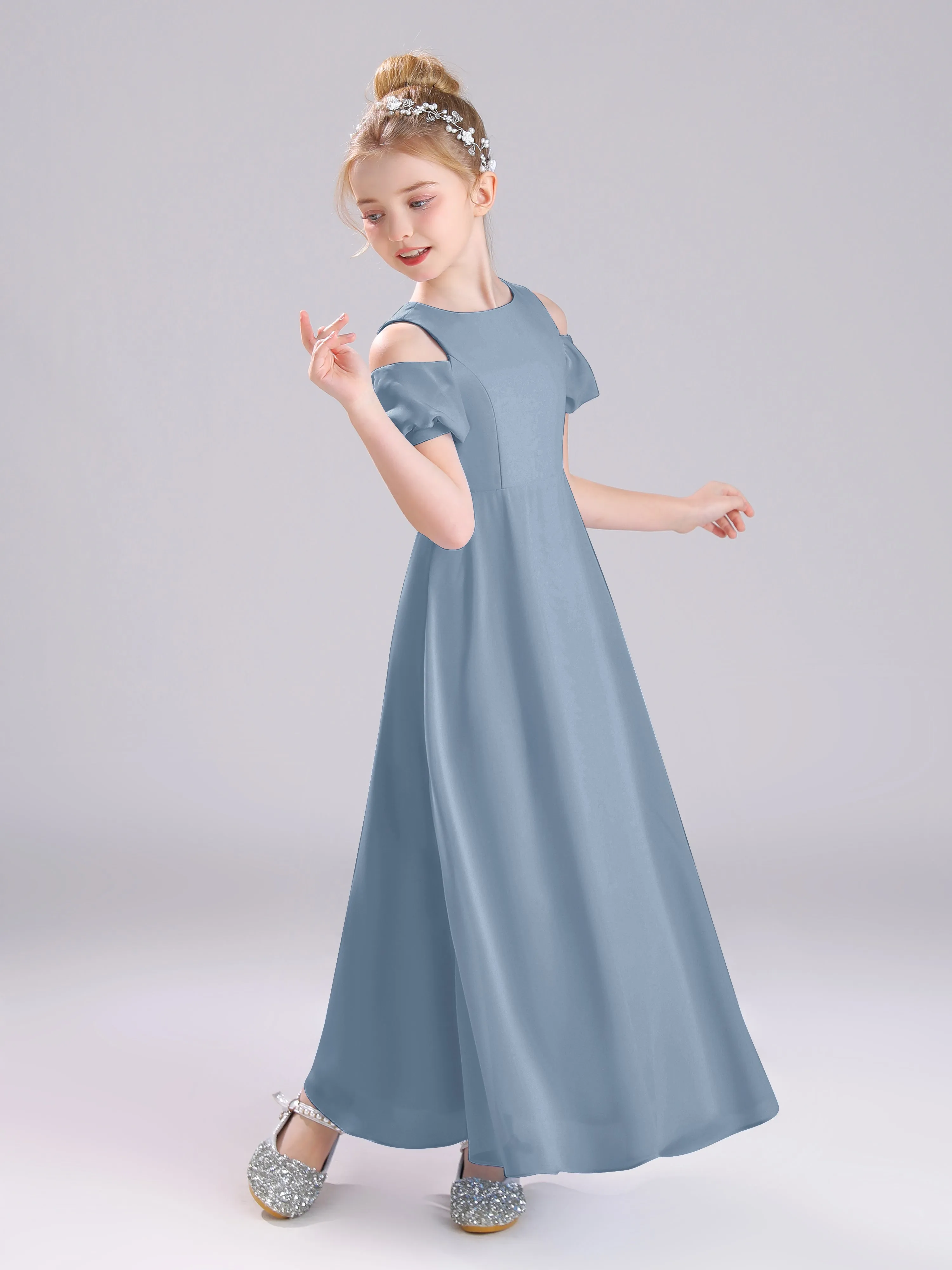 Off The Shoulder Jewel A-Line Long Chiffon Junior Bridesmaid Dresses