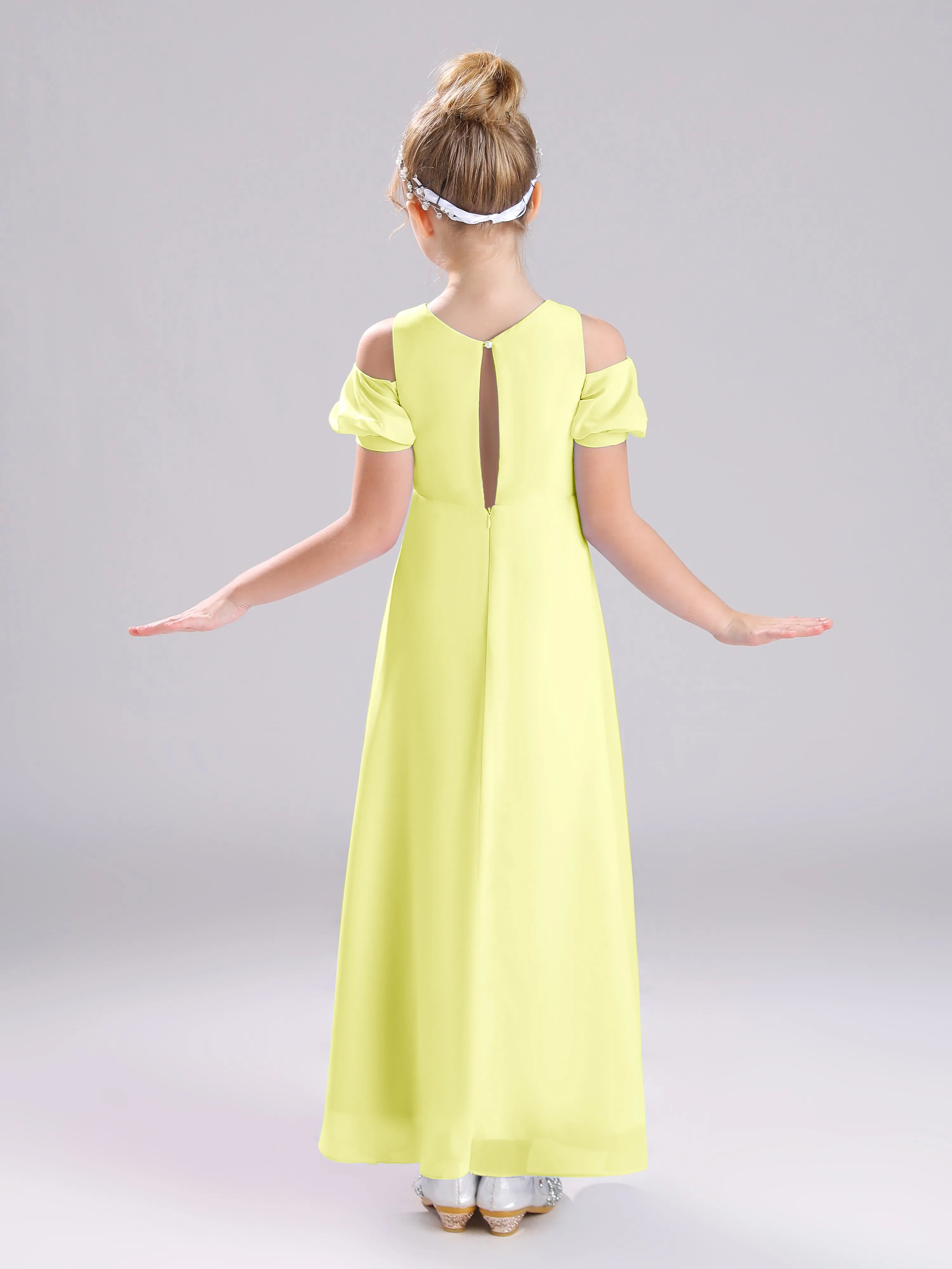 Off The Shoulder Jewel A-Line Long Chiffon Junior Bridesmaid Dresses