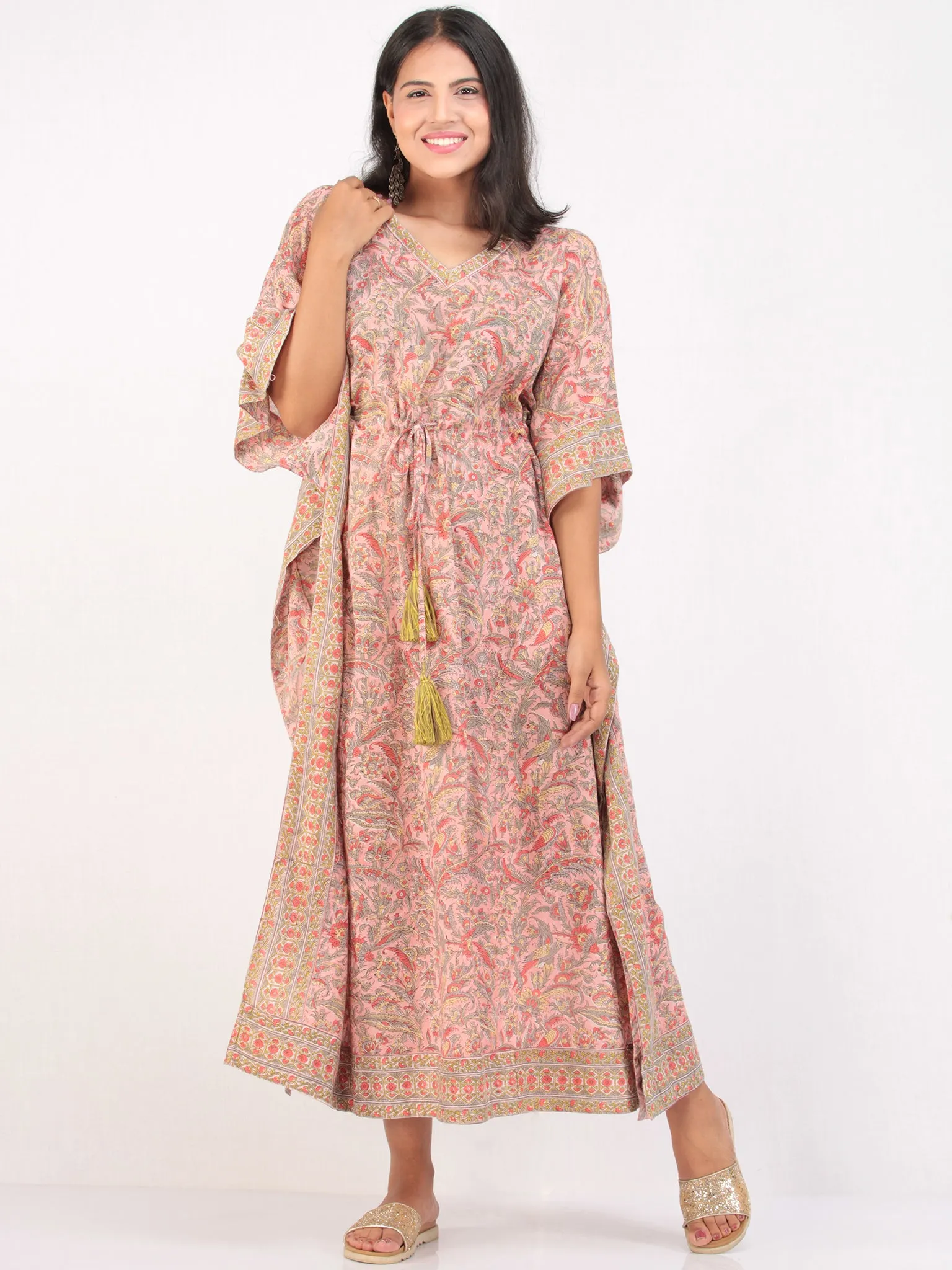 Pink Geen Orange Hand Block Printed Kaftan - K163F2484