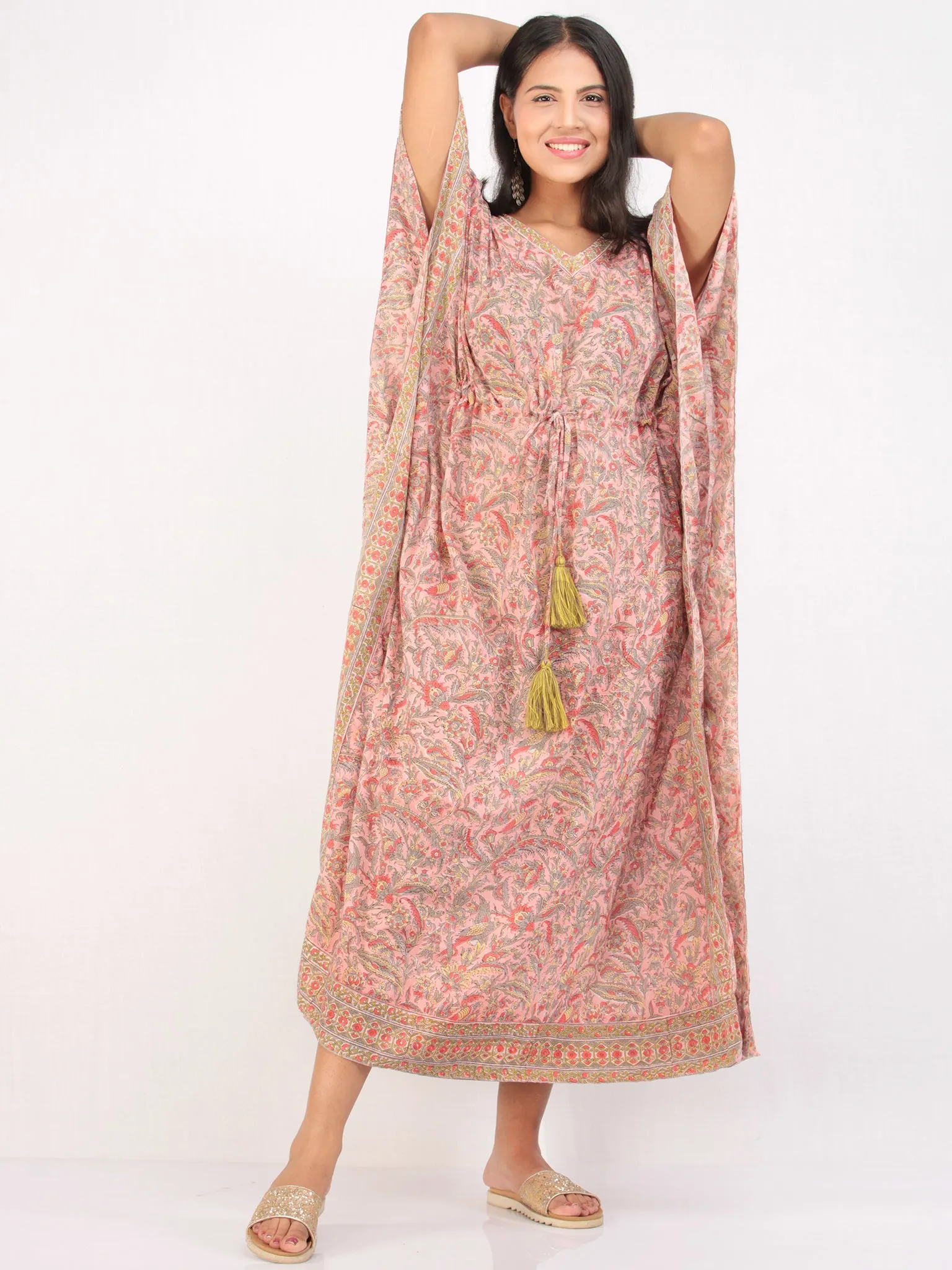 Pink Geen Orange Hand Block Printed Kaftan - K163F2484