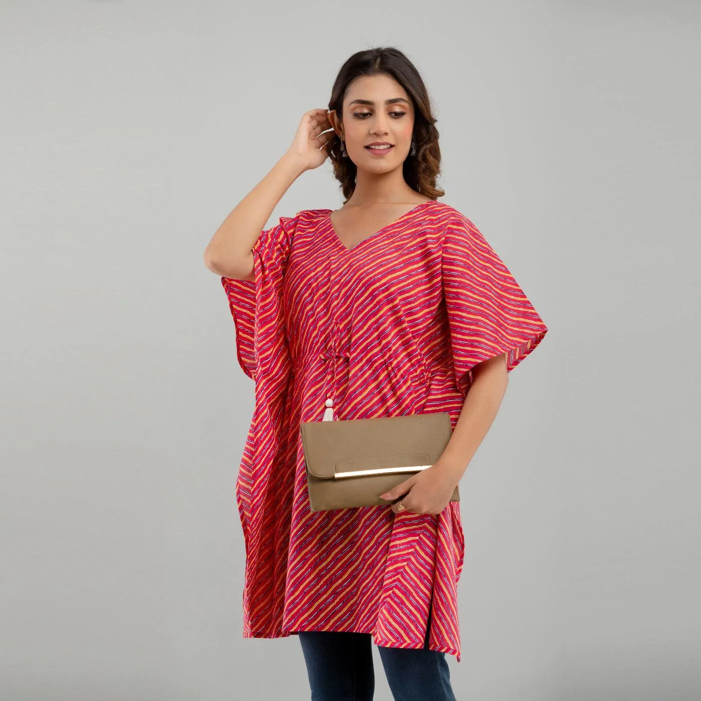 Pink Leheriya Print Cotton Kaftan Dress (SHKUP1225)