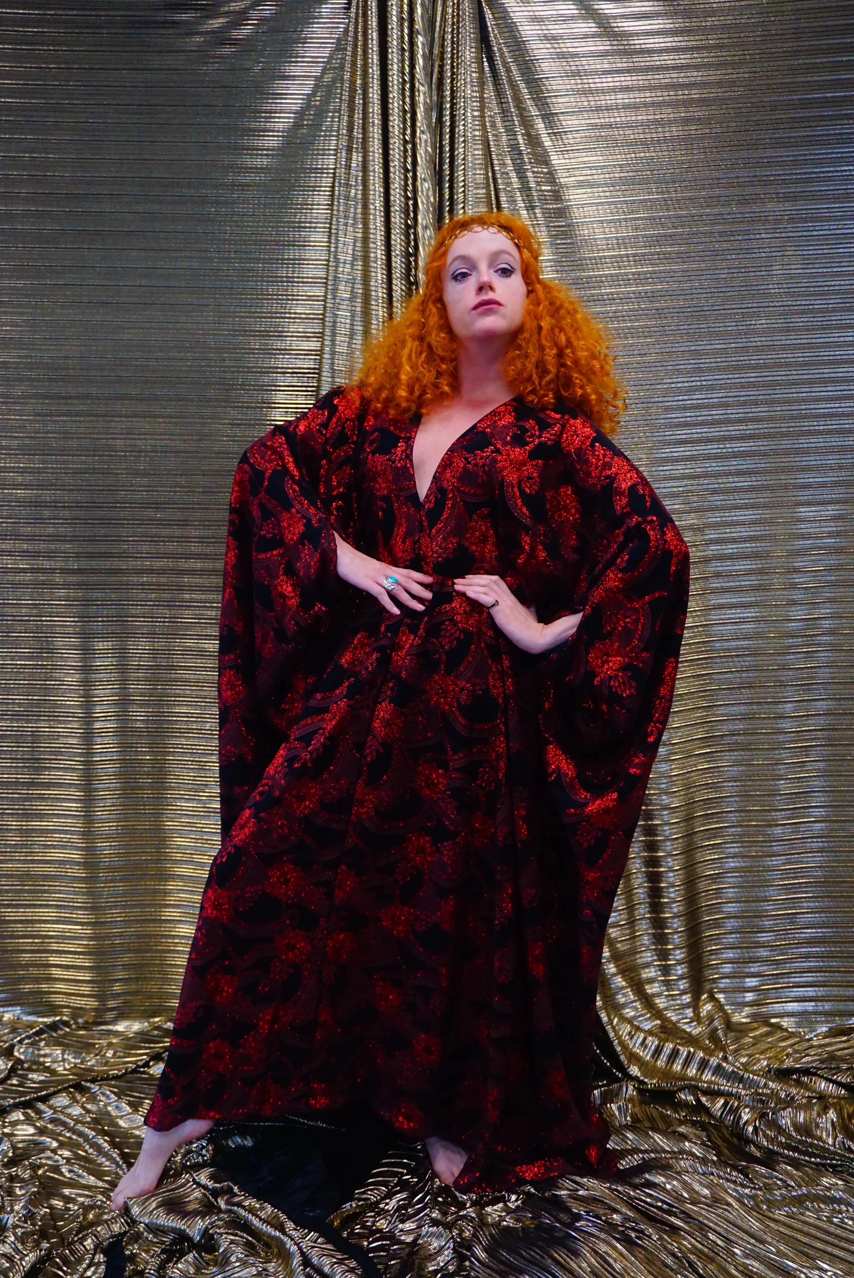 Red and black floral heavily glittered  kaftan Gown