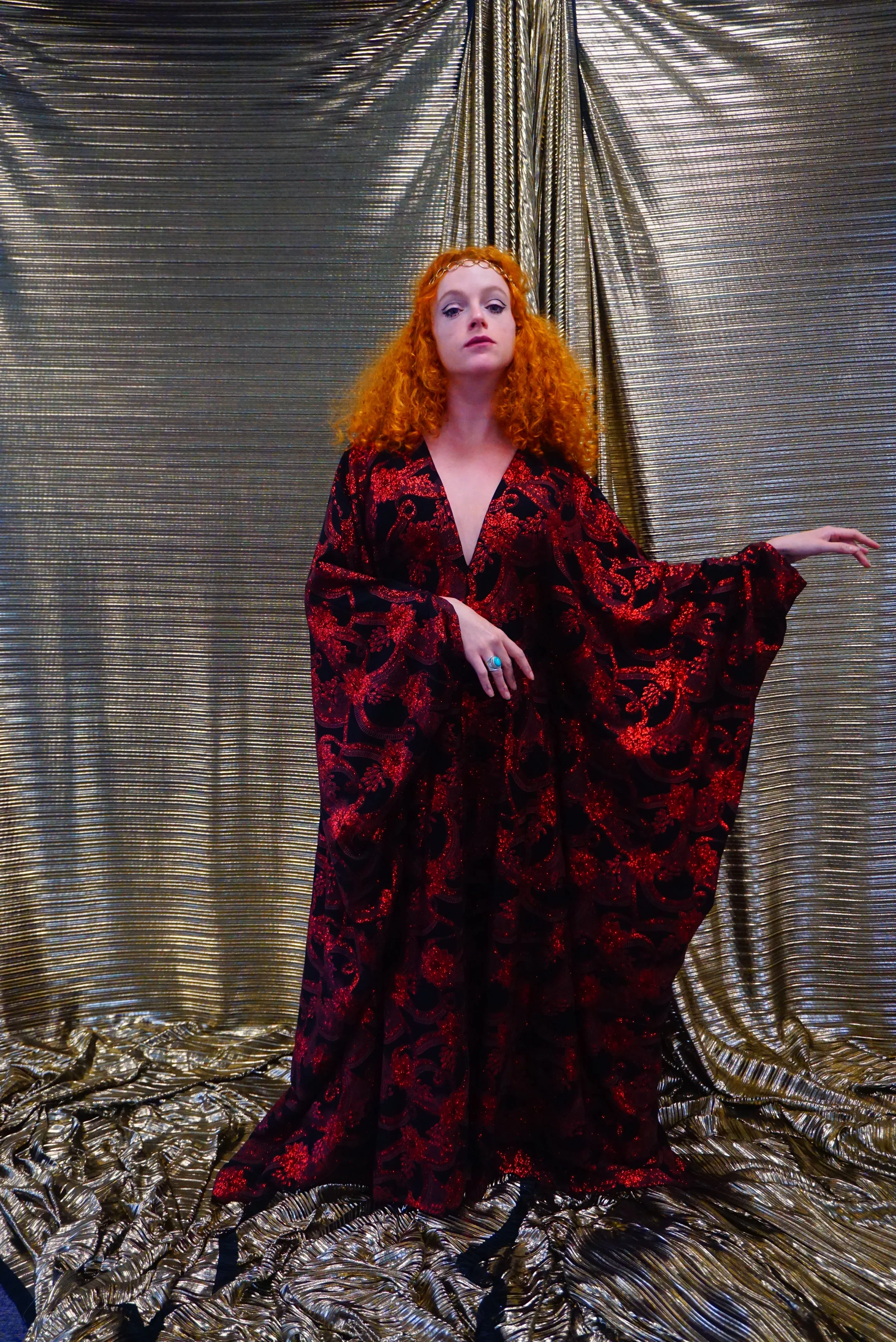 Red and black floral heavily glittered  kaftan Gown