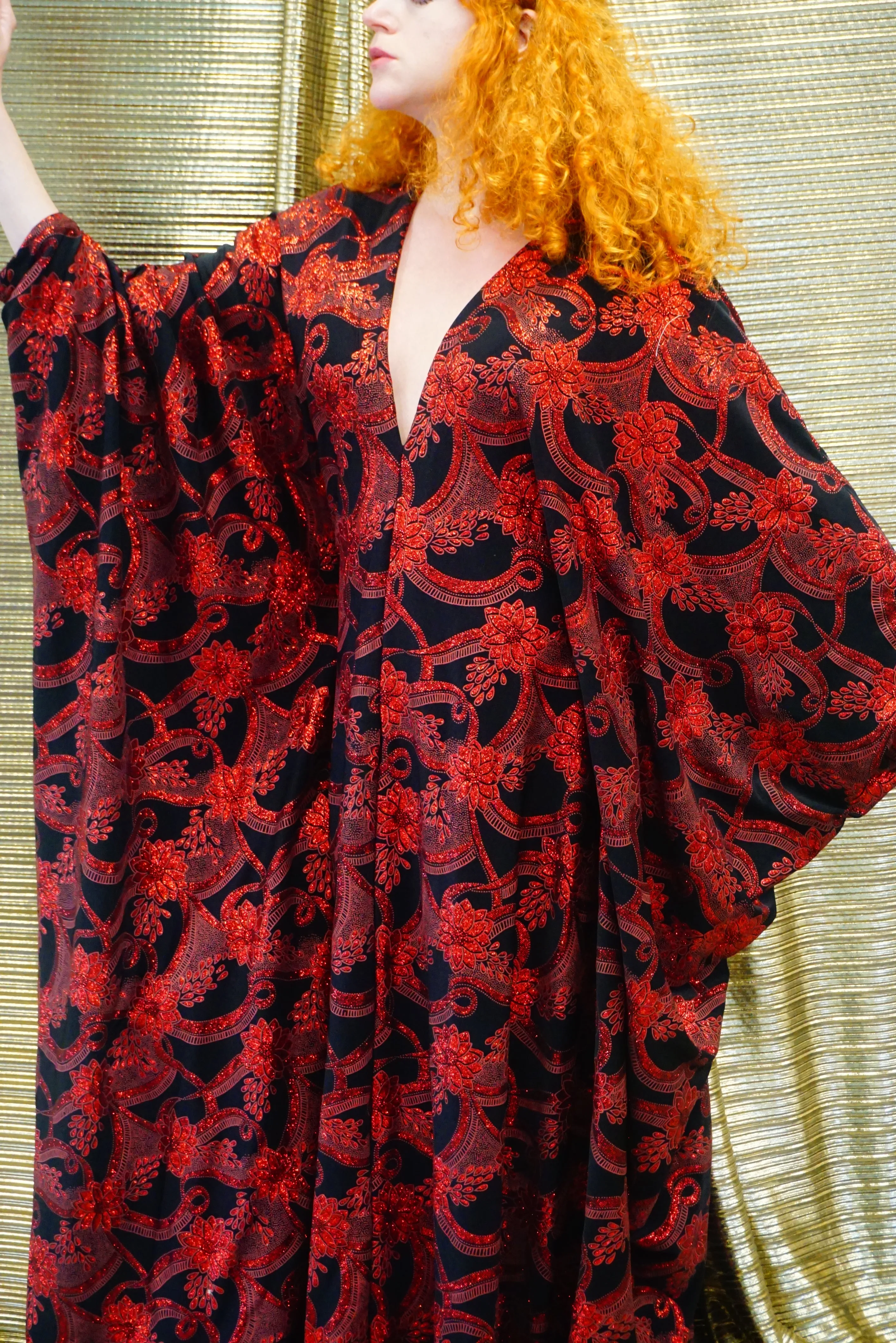 Red and black floral heavily glittered  kaftan Gown