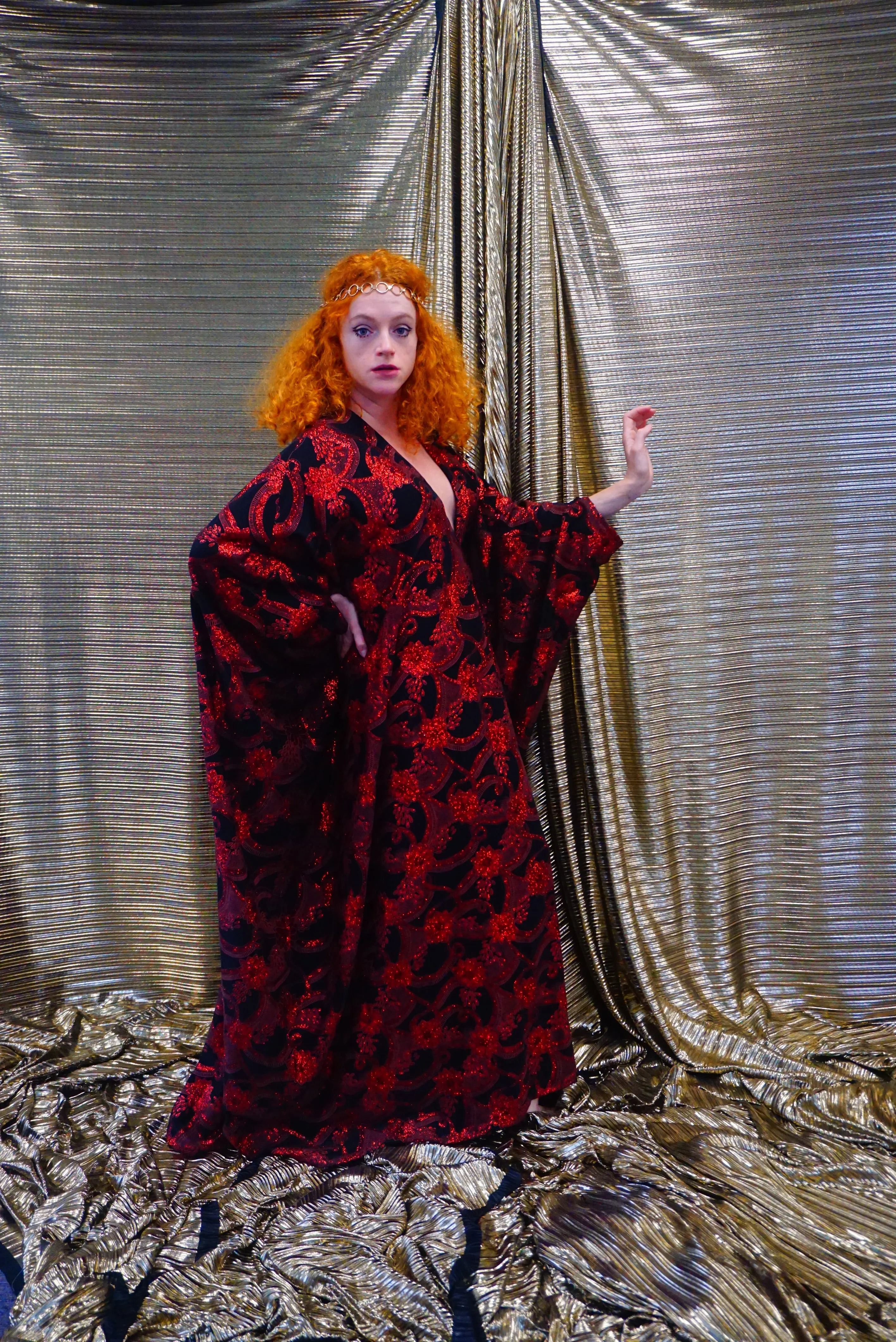Red and black floral heavily glittered  kaftan Gown