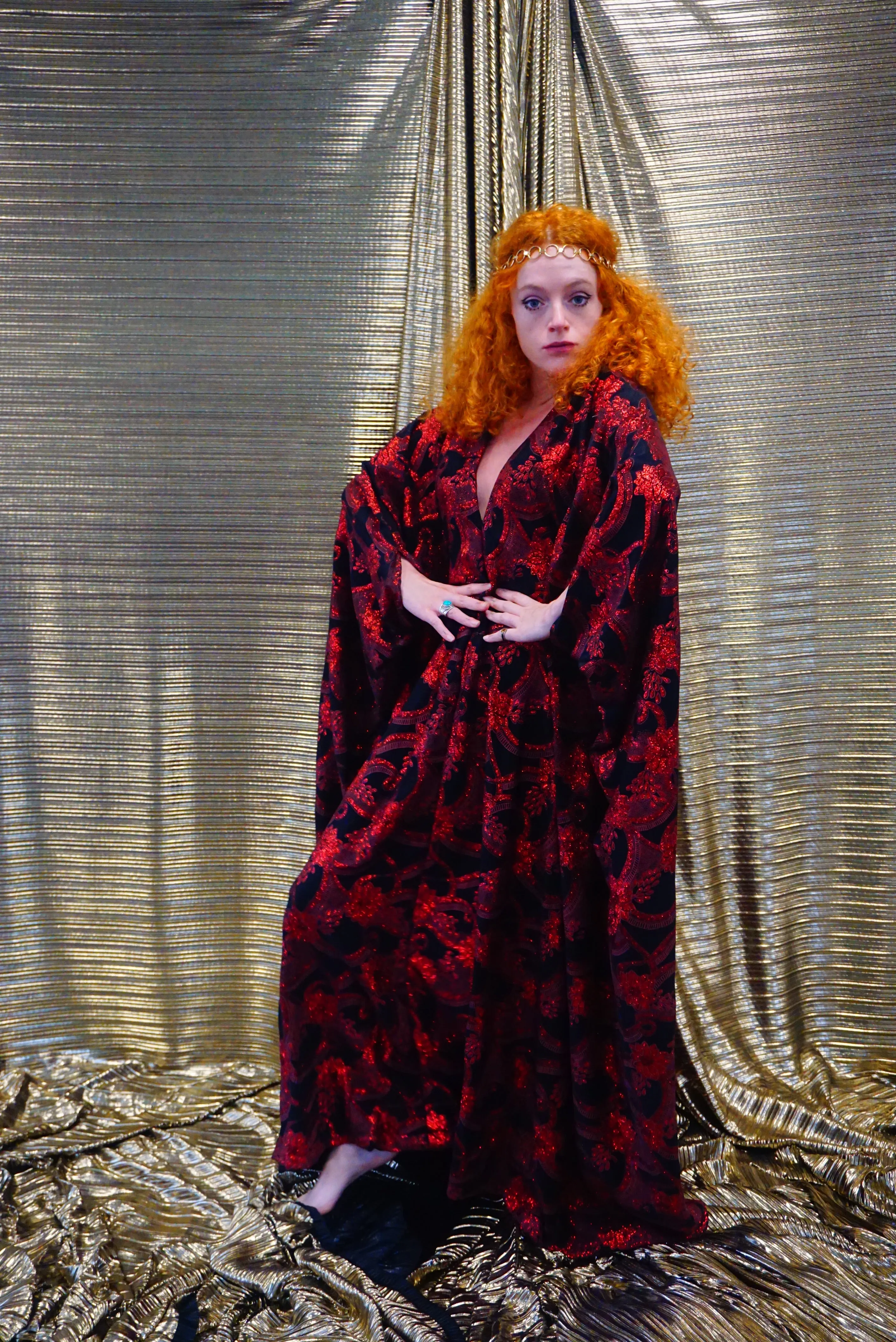 Red and black floral heavily glittered  kaftan Gown