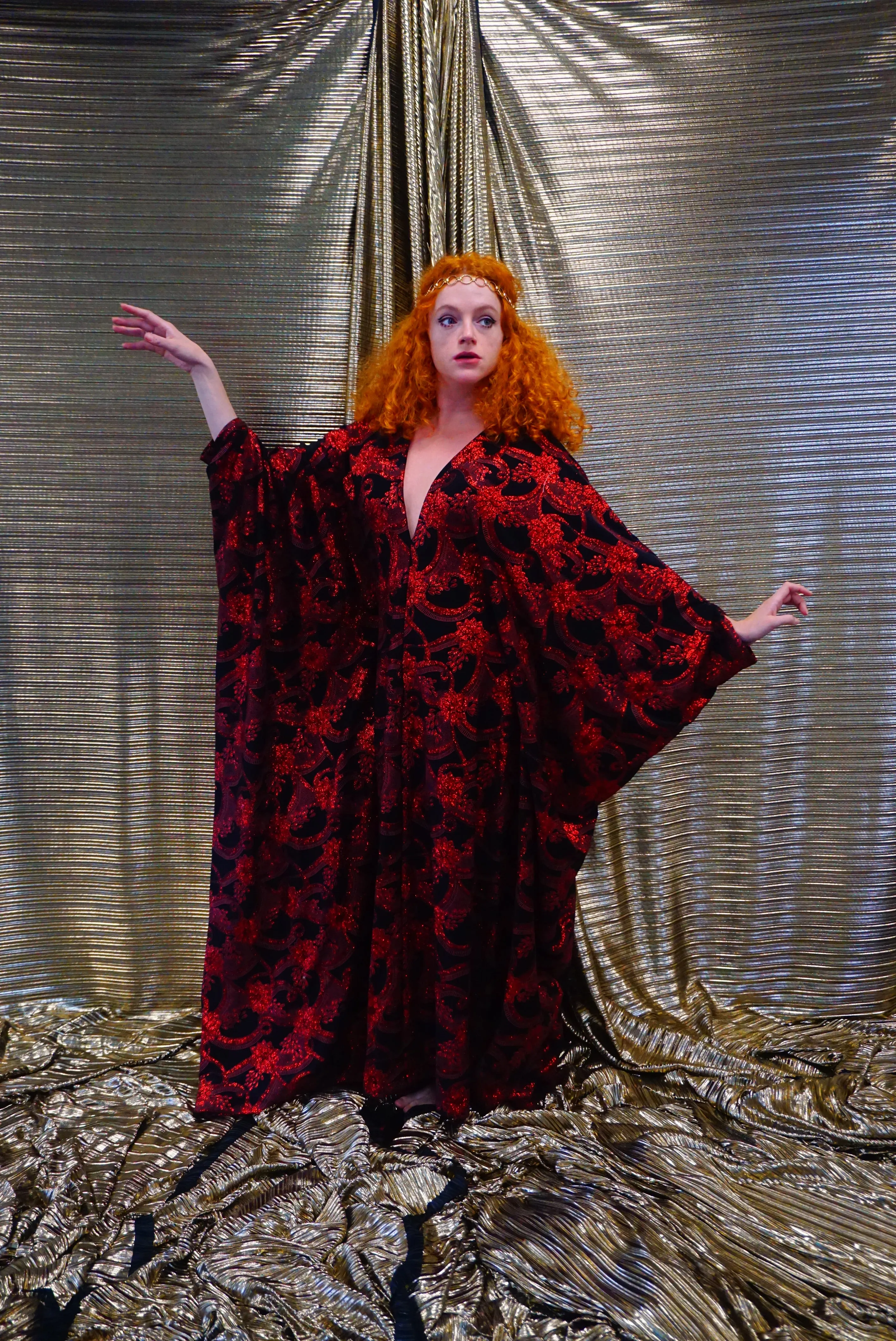 Red and black floral heavily glittered  kaftan Gown