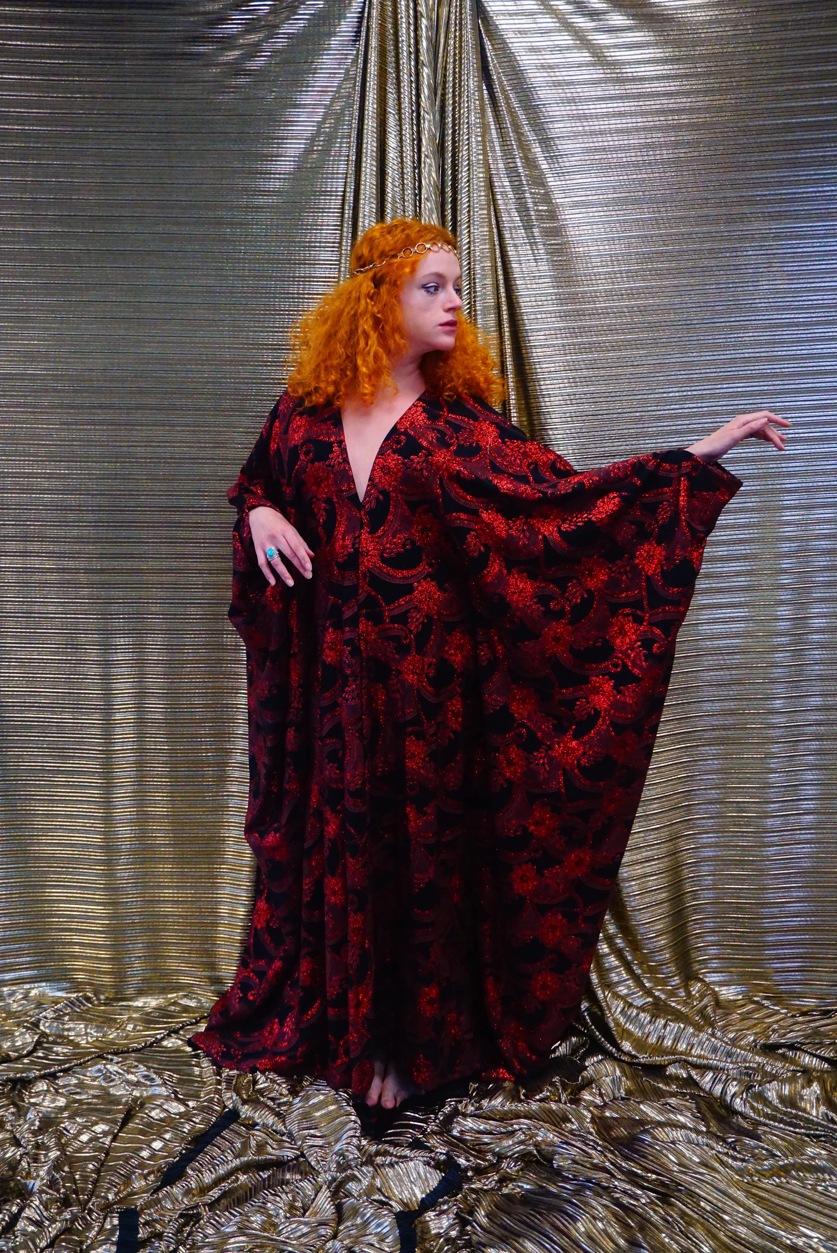 Red and black floral heavily glittered  kaftan Gown