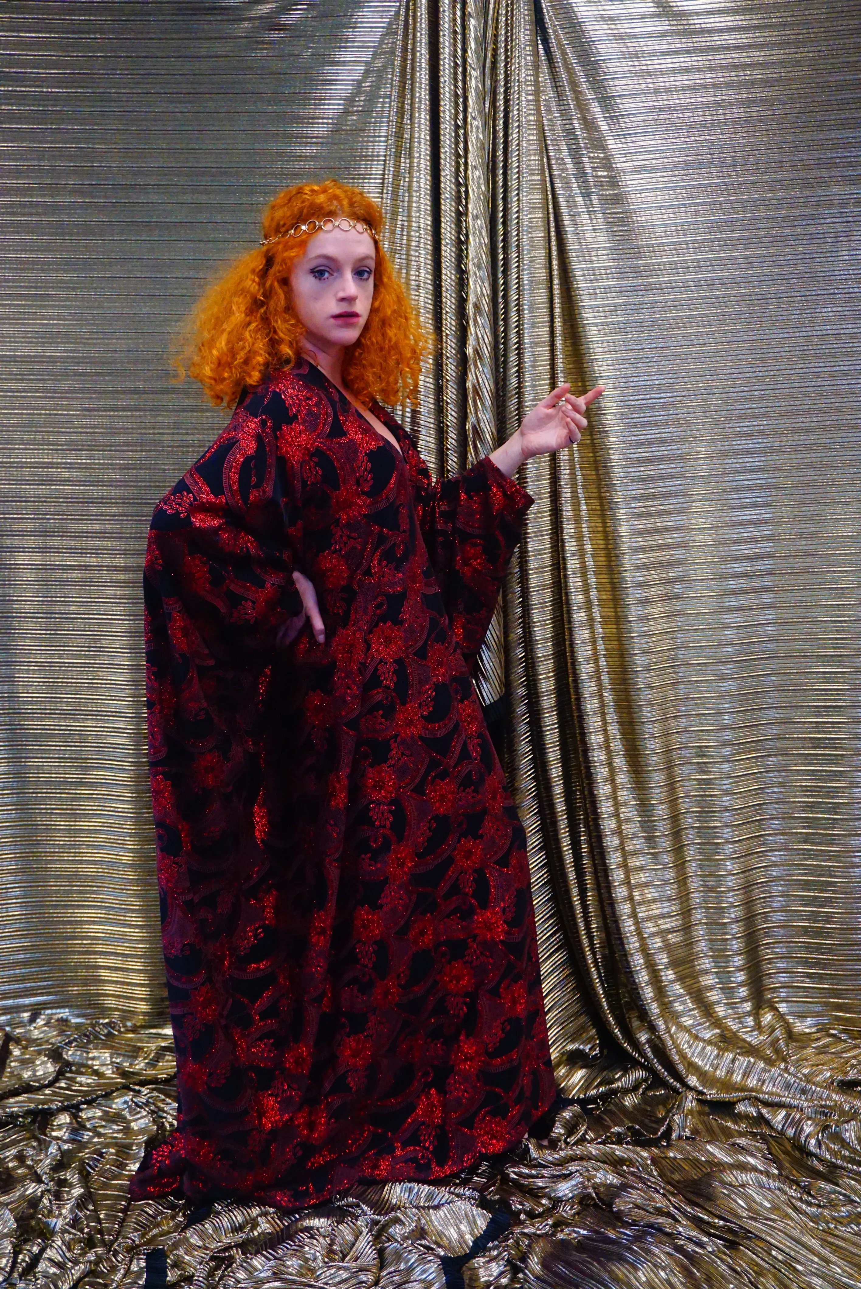 Red and black floral heavily glittered  kaftan Gown