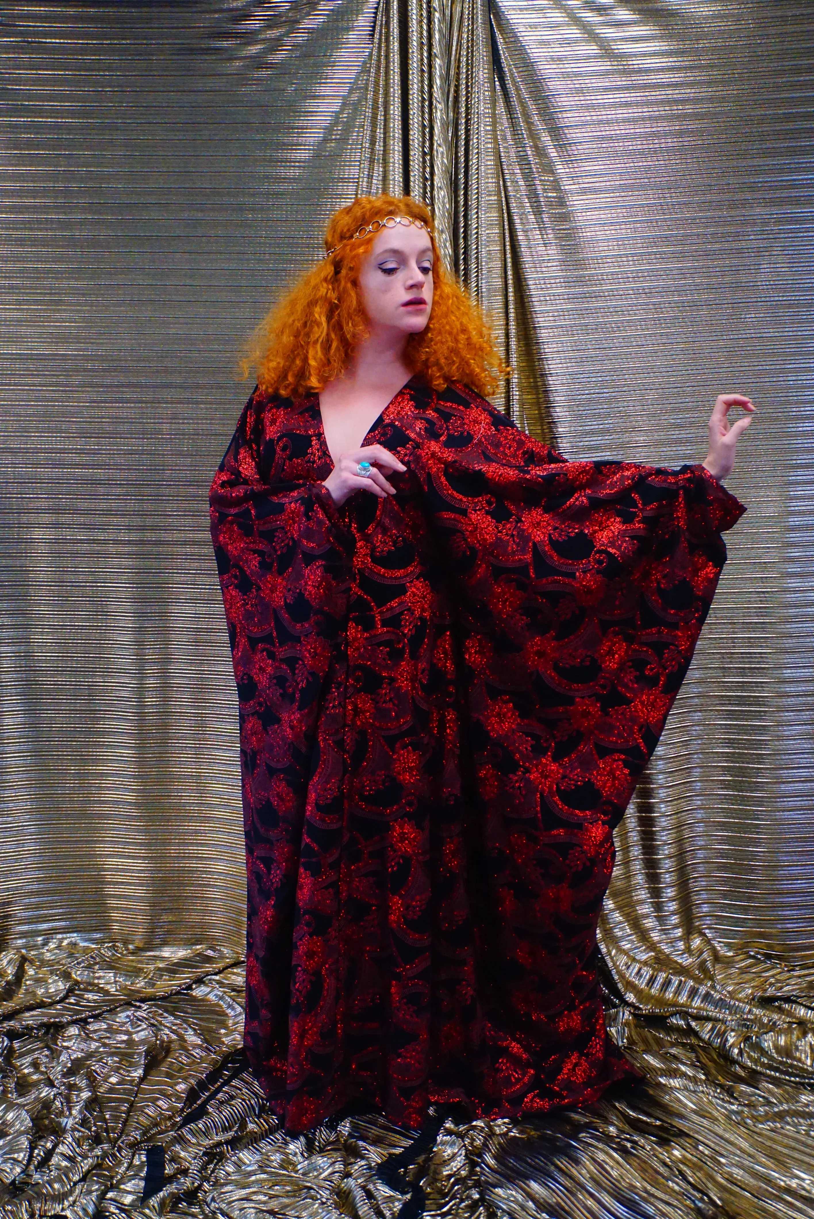 Red and black floral heavily glittered  kaftan Gown