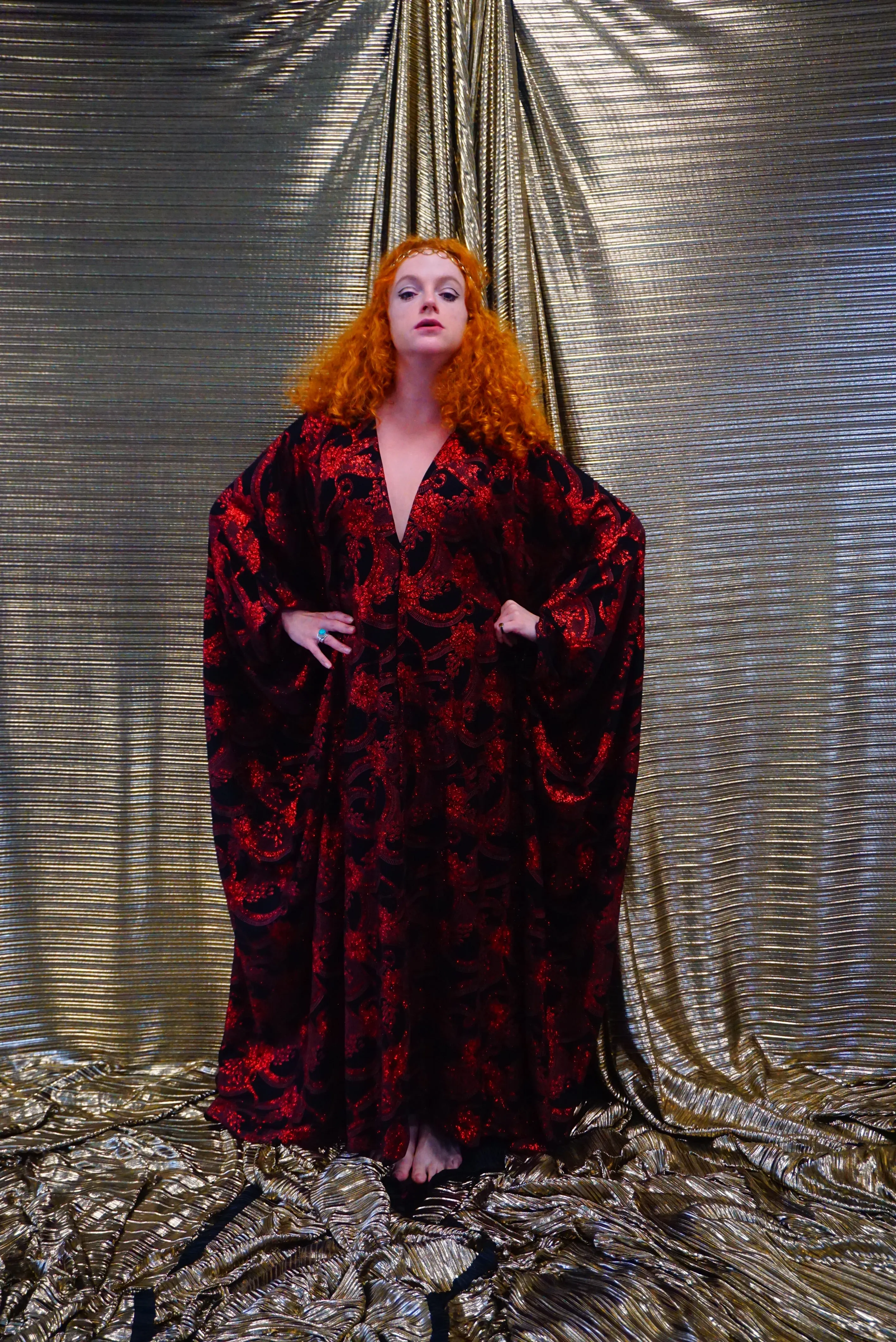 Red and black floral heavily glittered  kaftan Gown